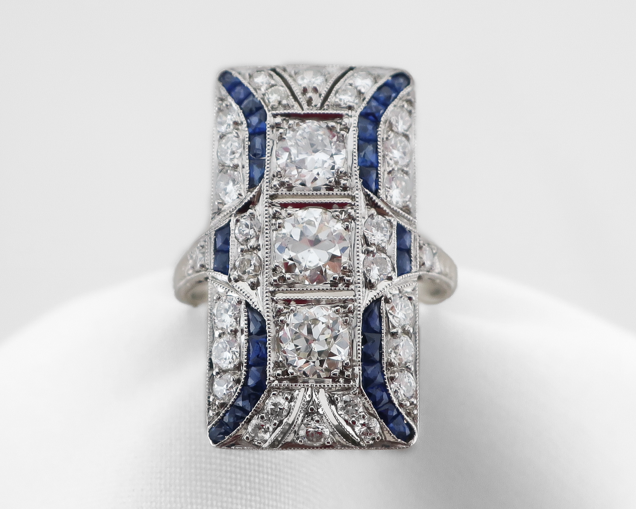 Art Deco Rectangular Diamond & Sapphire Cocktail Ring