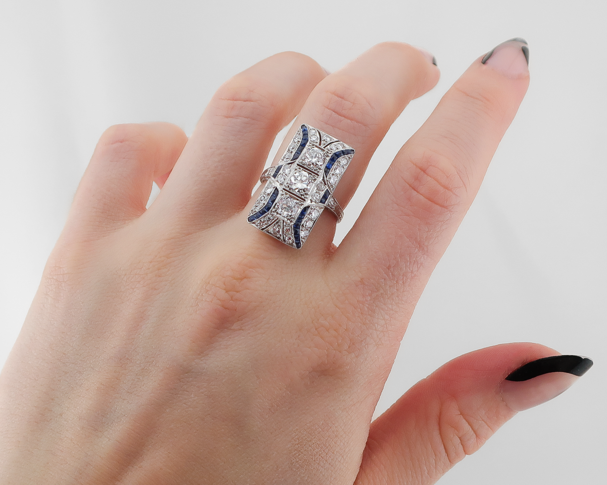 Art Deco Rectangular Diamond & Sapphire Cocktail Ring