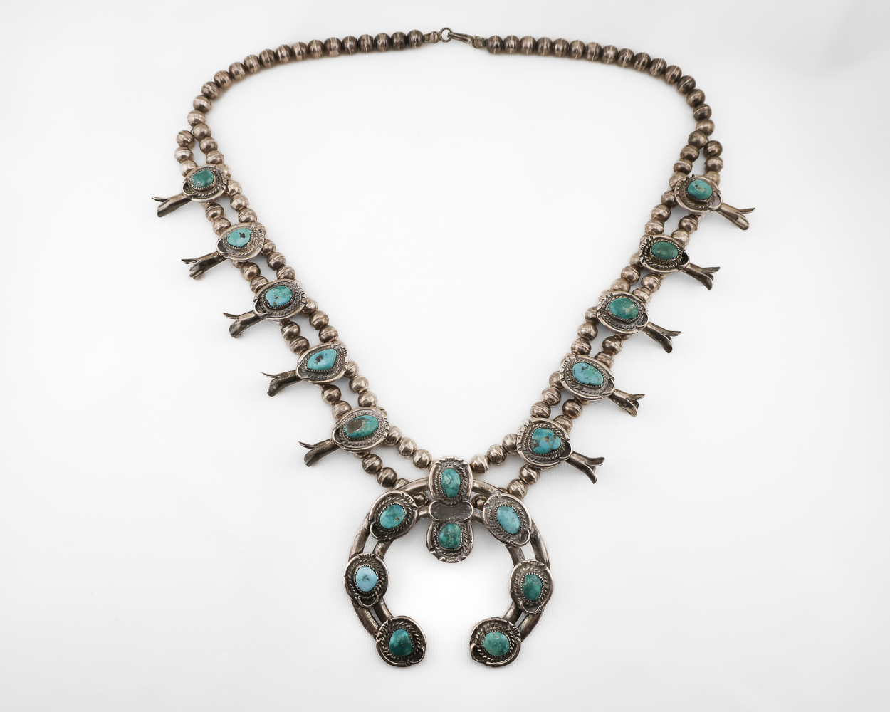 Midcentury Navajo (Dine') Squash Blossom Turquoise Necklace