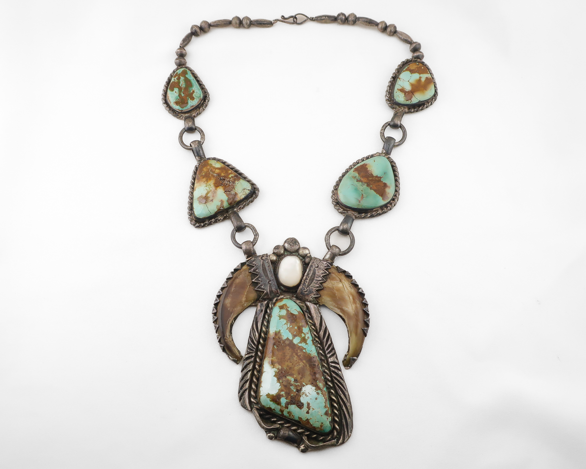 Navajo (Dine') Turquoise & Bear Claw Squash Blossom Necklace Navajo (Dine') Turquoise & Bear Claw Squash Blossom Necklace