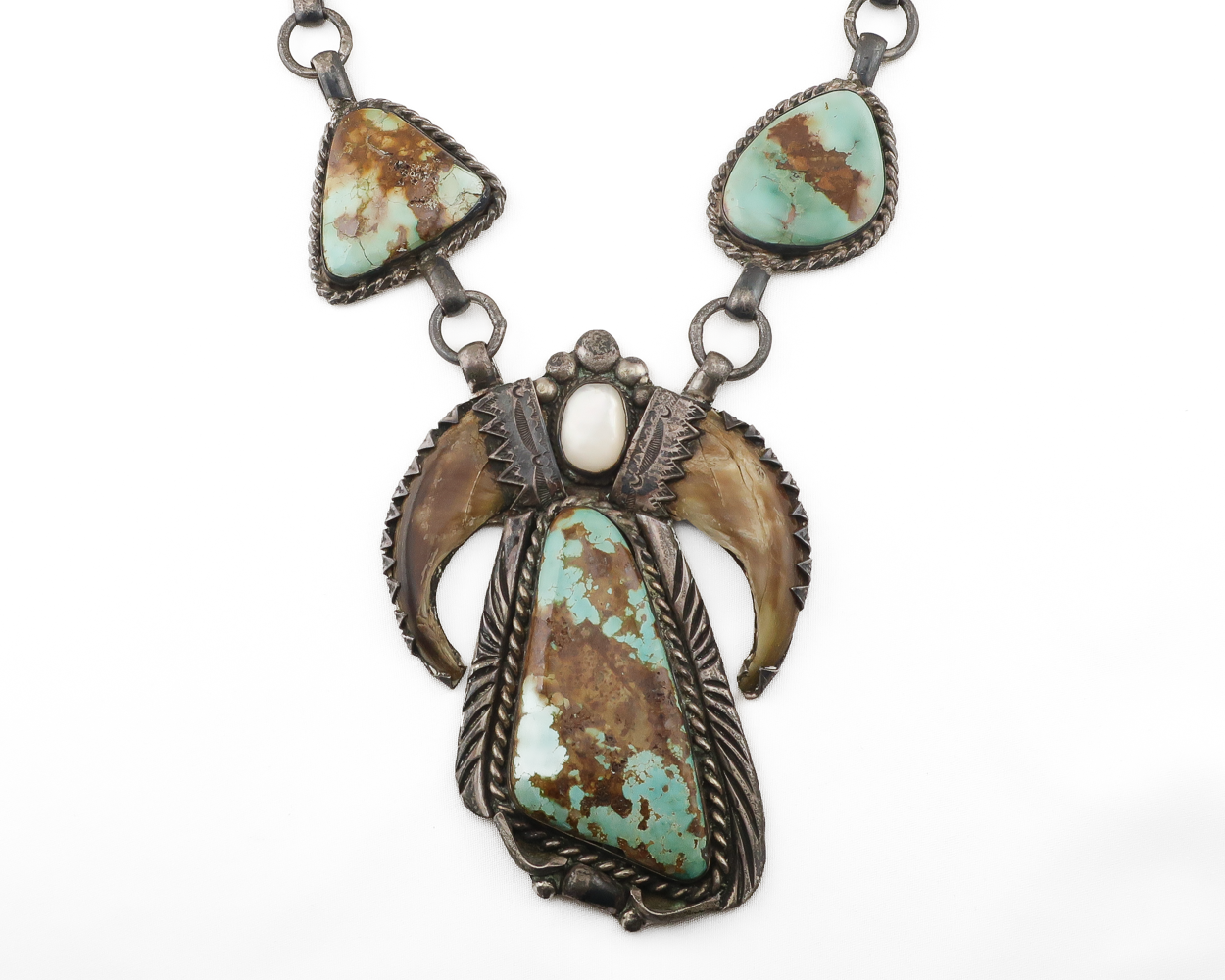 Navajo (Dine') Turquoise & Bear Claw Squash Blossom Necklace