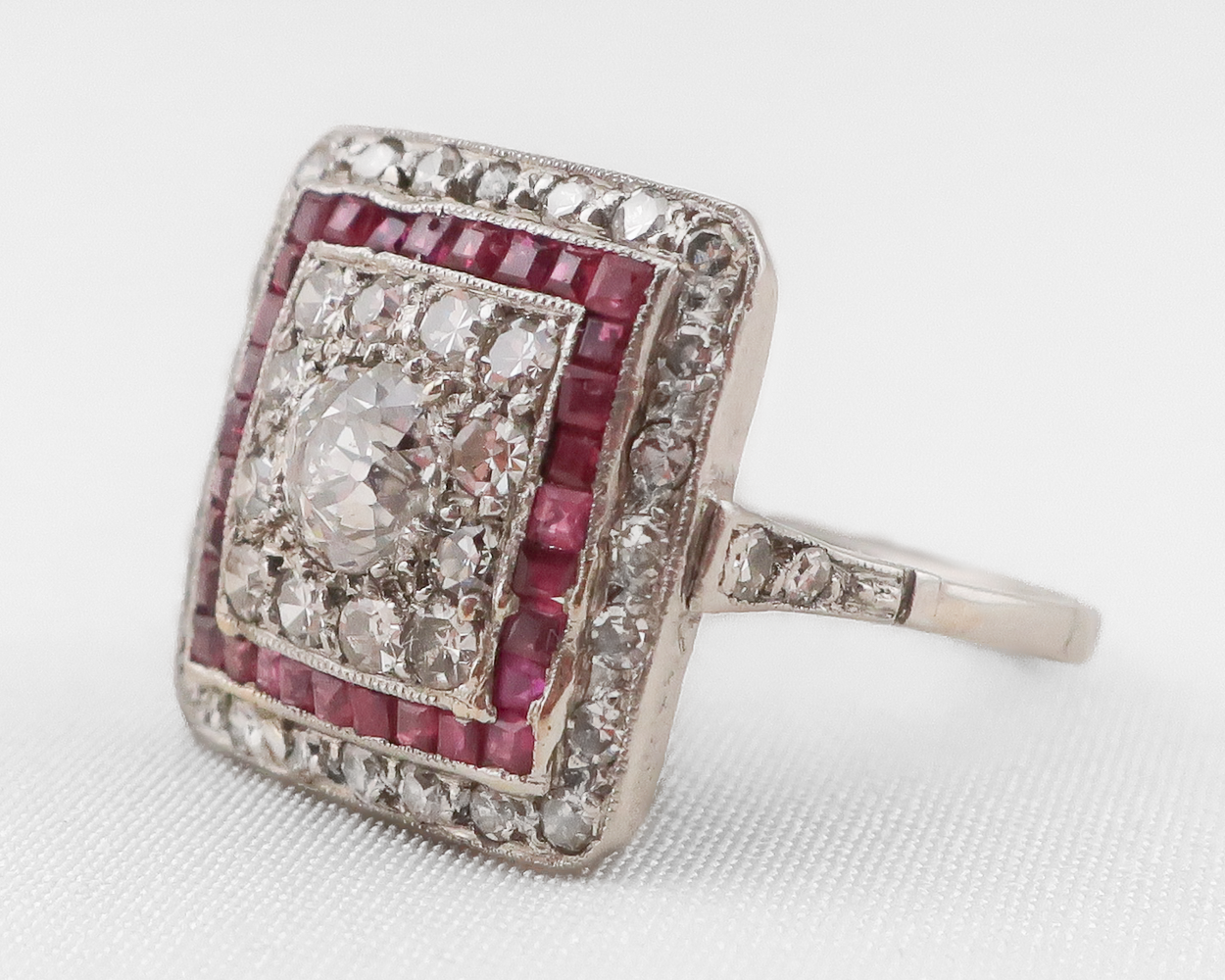 Art Deco Diamond & Ruby Square Target Ring