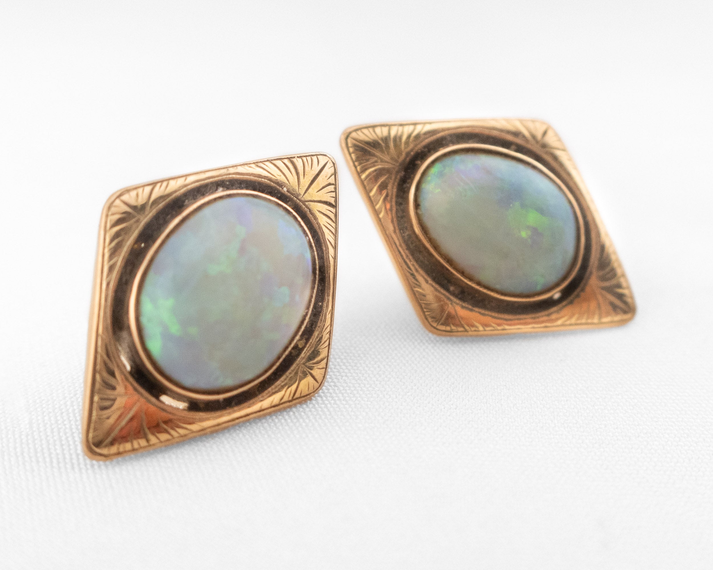 Art Deco Engraved Opal Gold Earrings