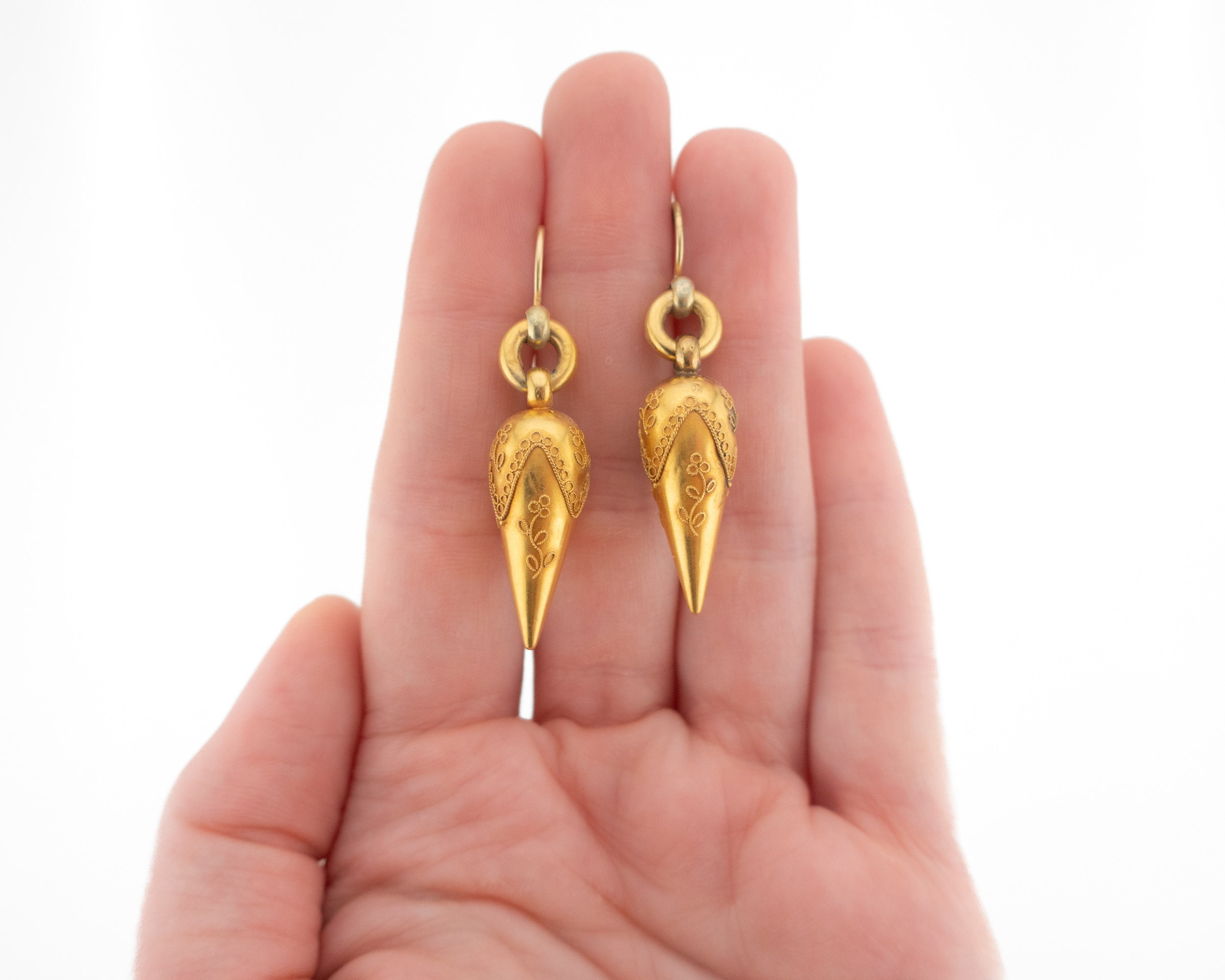 Circa 1870 Victorian Etruscan Revival 15KT Gold Drop Earrings