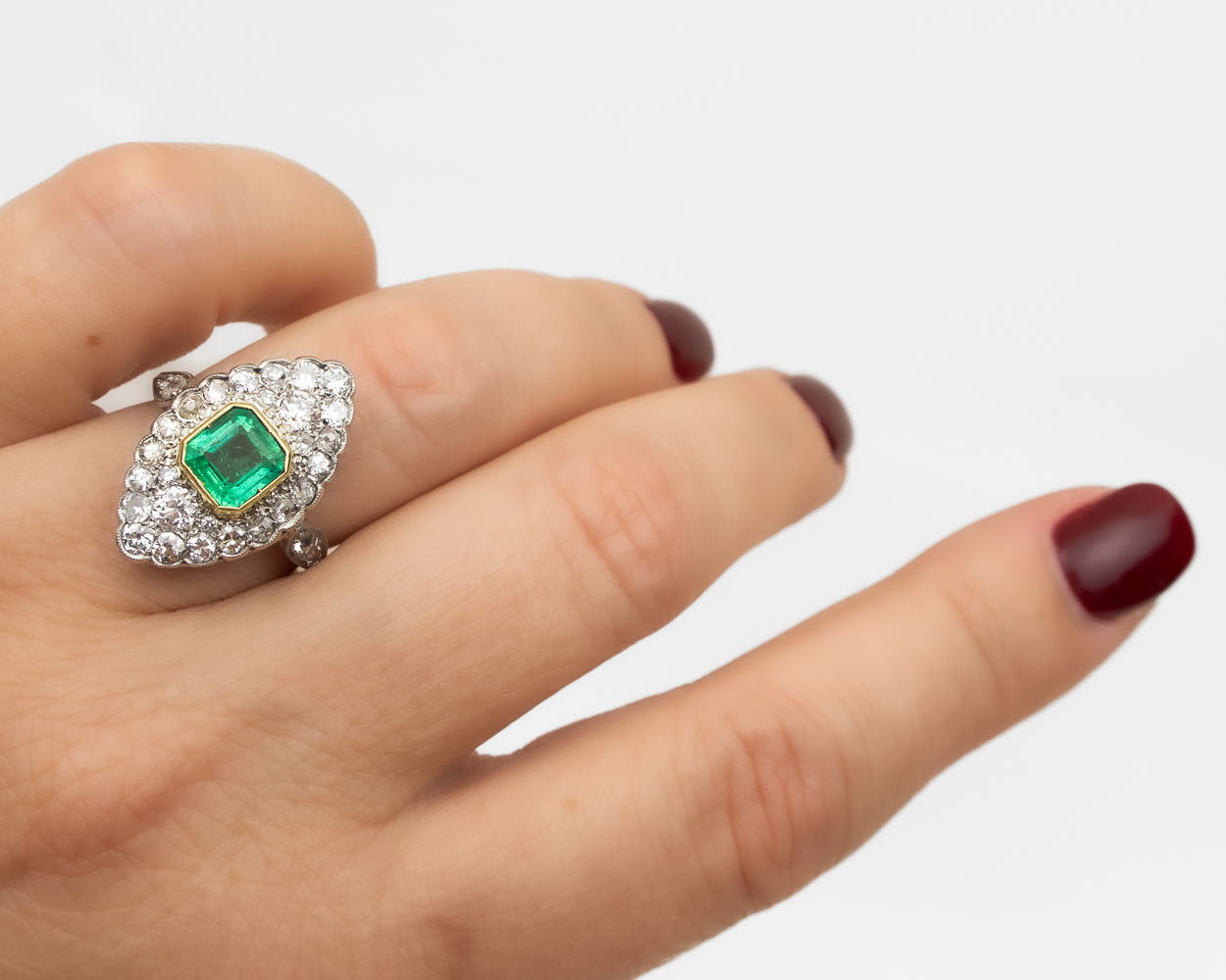 Midcentury Emerald and Diamond Marquis Ring