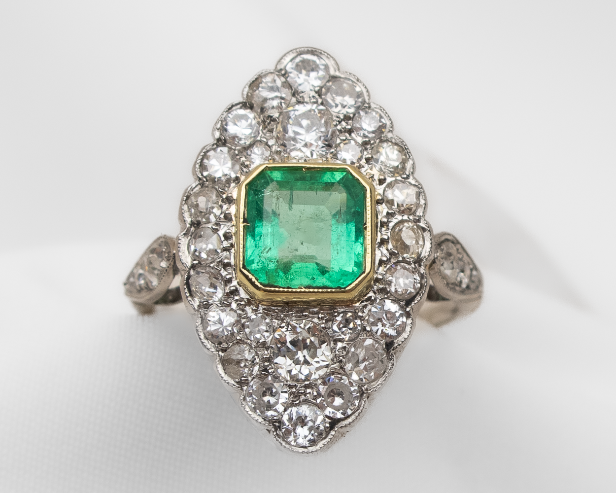 Midcentury Emerald and Diamond Marquis Ring