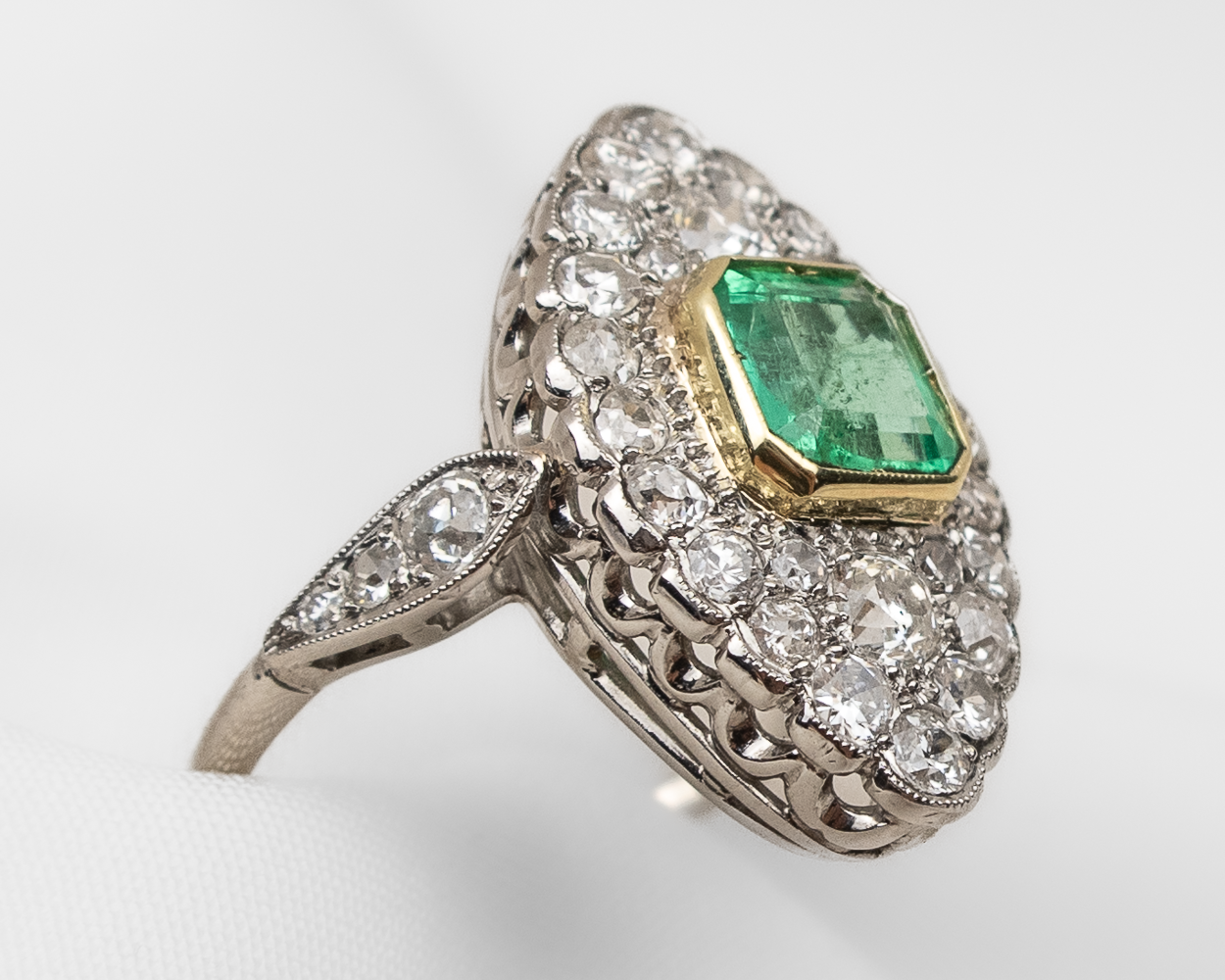 Midcentury Emerald and Diamond Marquis Ring