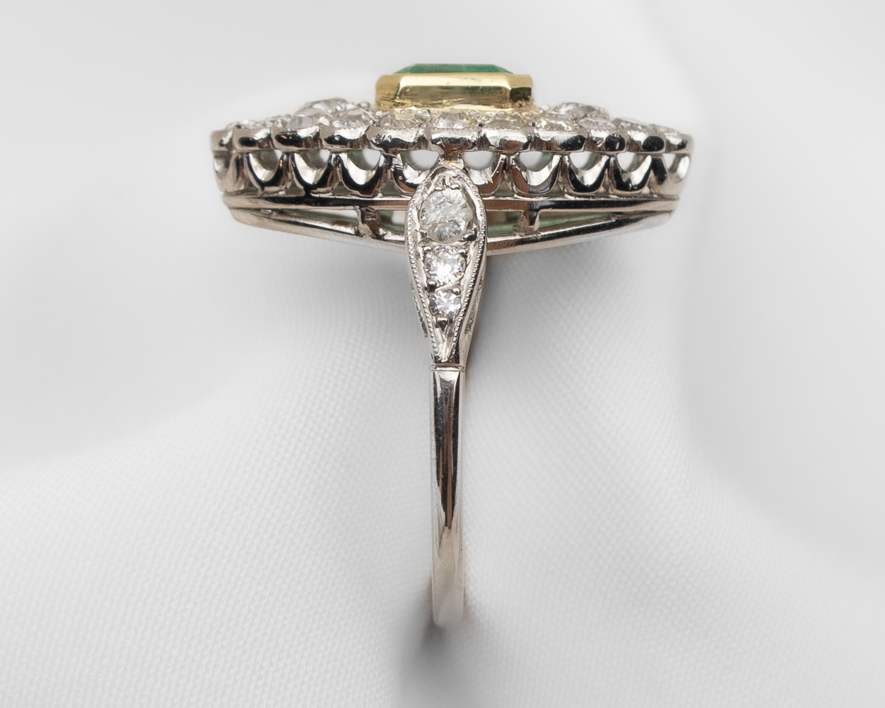 Midcentury Emerald and Diamond Marquis Ring