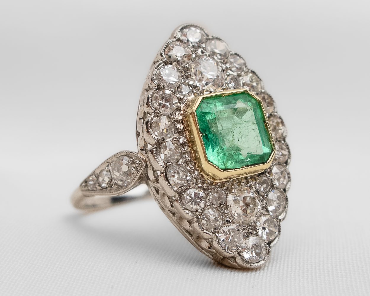 Midcentury Emerald and Diamond Marquis Ring