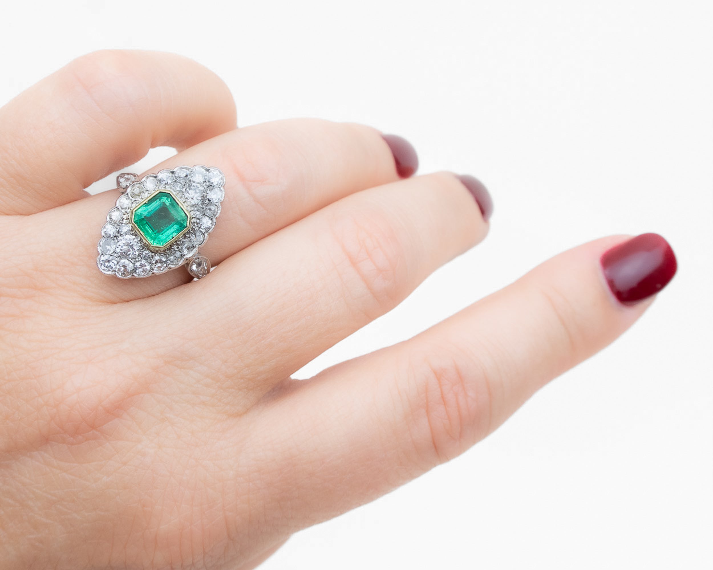 Circa 1950 Emerald & Diamond Navette Ring