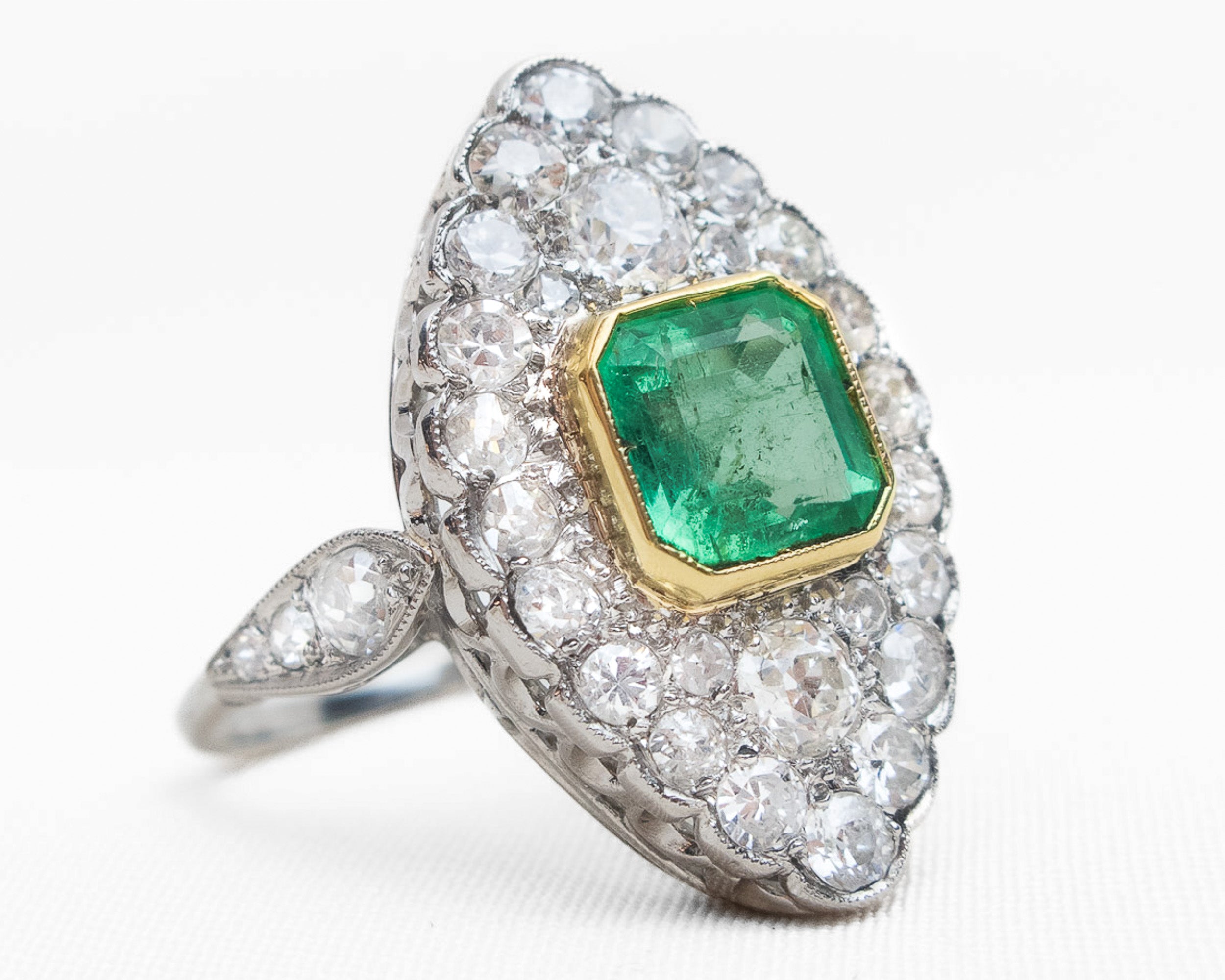 Circa 1950 Emerald & Diamond Navette Ring