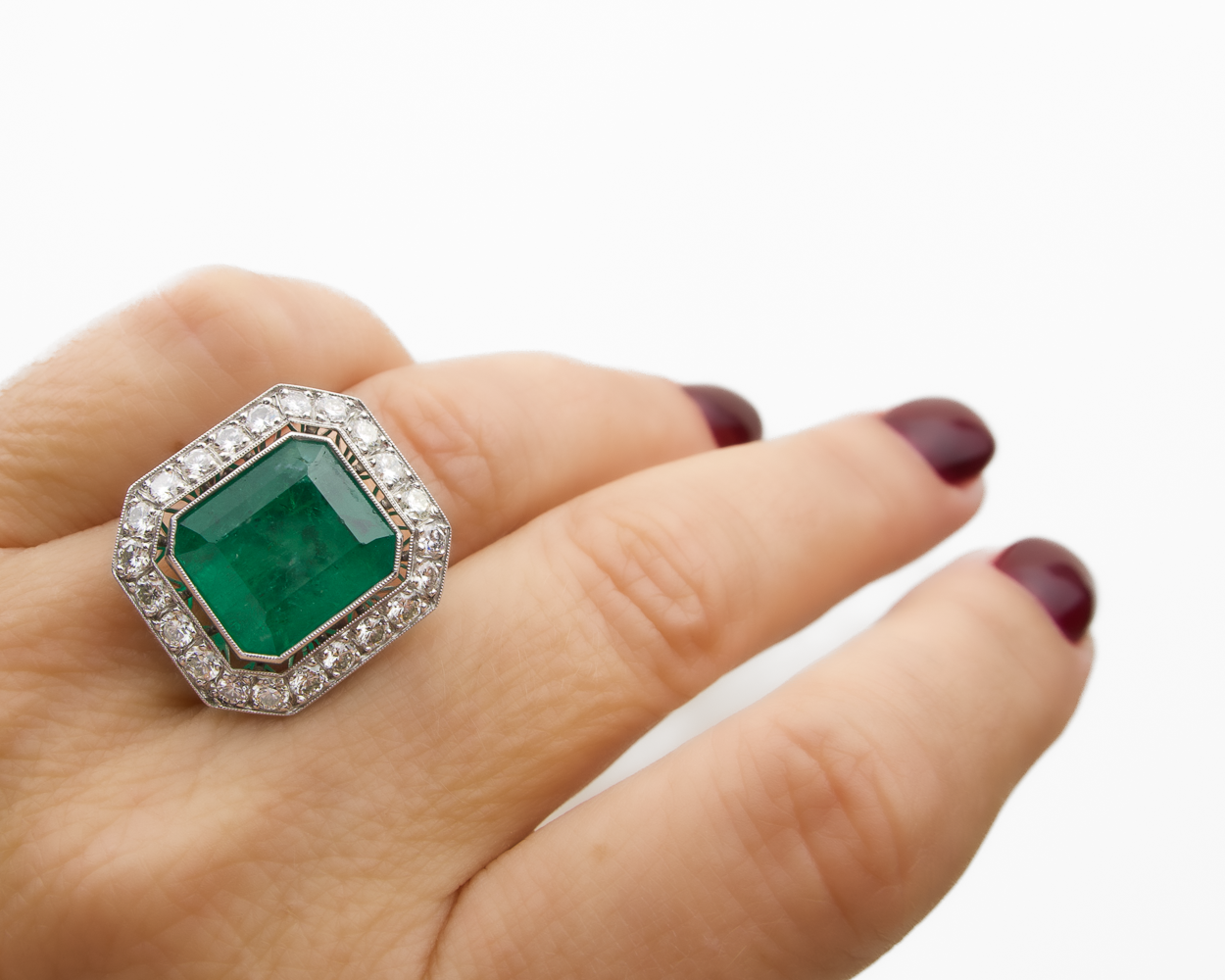 Midcentury Emerald Diamond Halo Ring