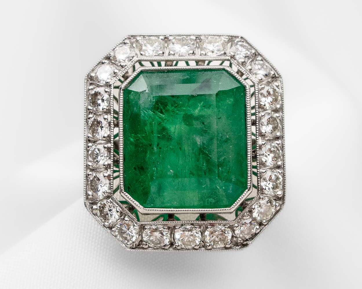 Midcentury Emerald Diamond Halo Ring