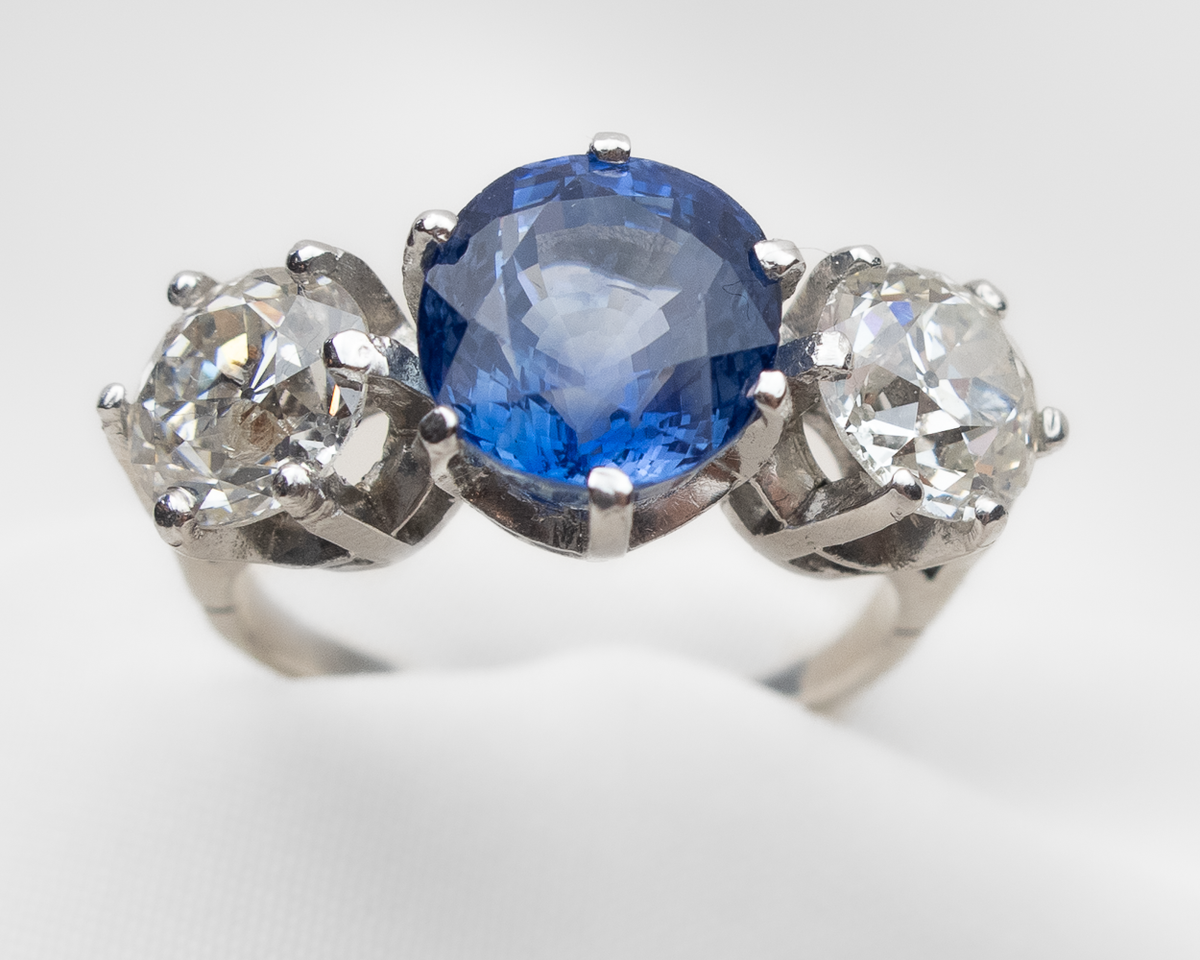Art Deco 3-Stone Sapphire Diamond Ring — Isadoras Antique Jewelry