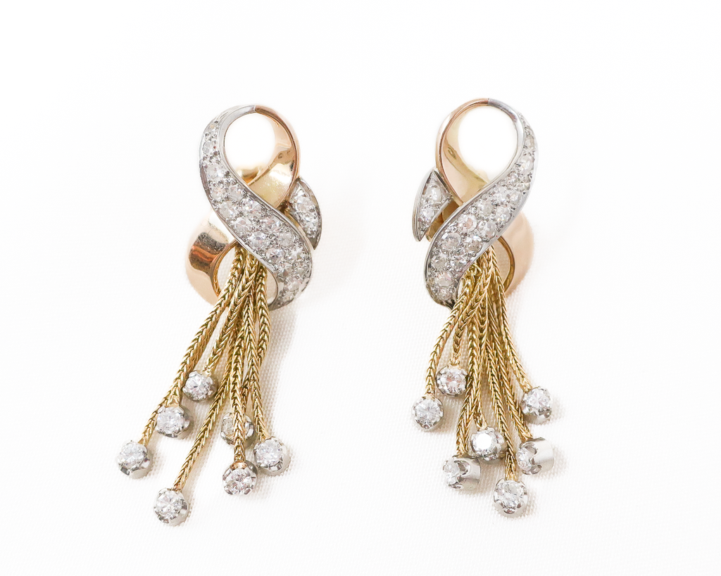 Midcentury Diamond Earrings with Gold Tassels — Isadoras Antique Jewelry