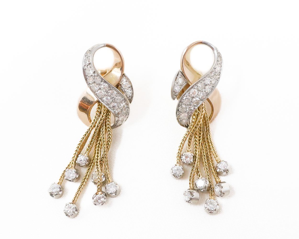 Midcentury Diamond Earrings with Gold Tassels
