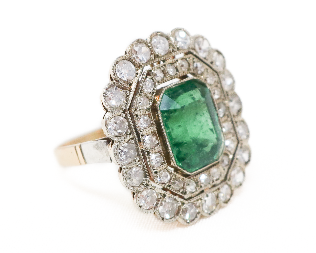 Midcentury 2.51-Carat Emerald Diamond Halo Ring