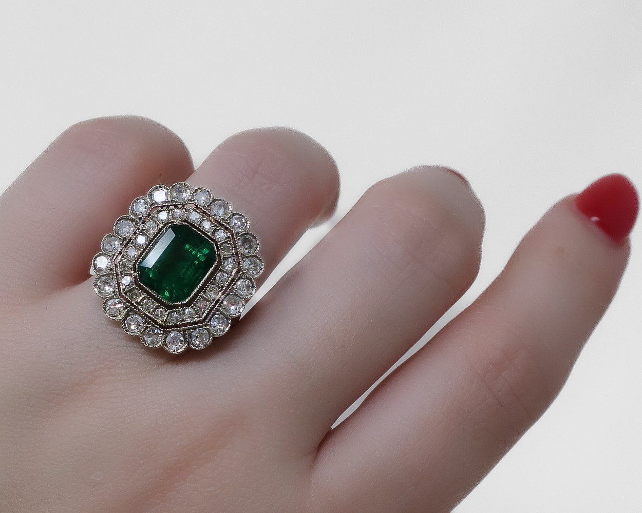 Midcentury 2.68-Carat Emerald Diamond Halo Ring