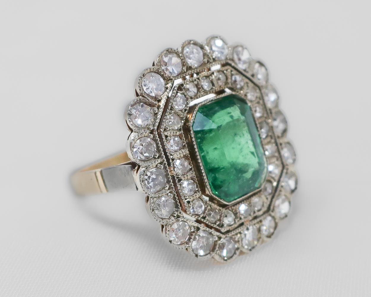 Midcentury 2.68-Carat Emerald Diamond Halo Ring