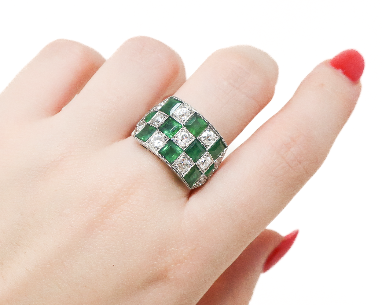 Art Deco Emerald & Diamond Checkerboard Ring
