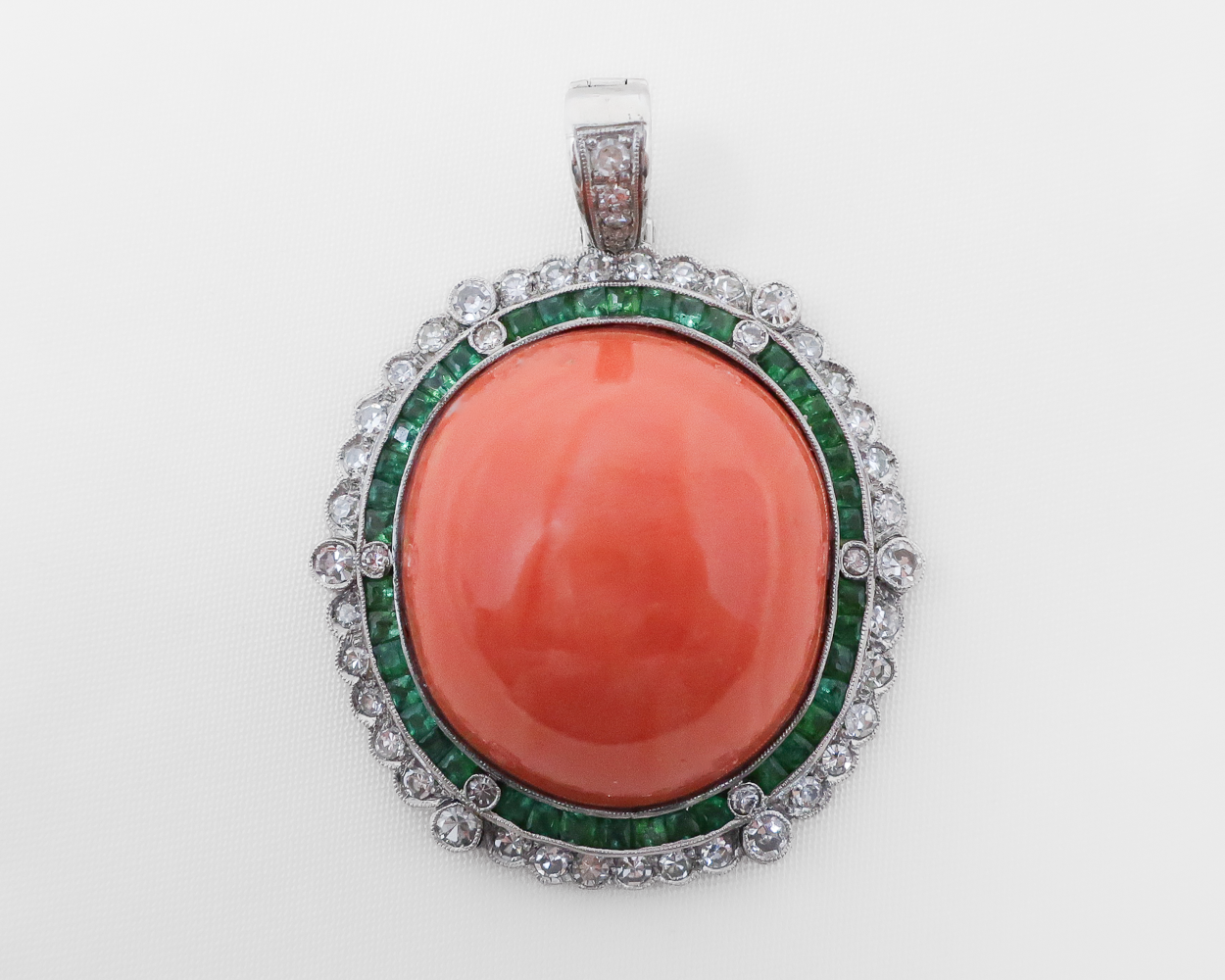 Midcentury Coral Pendant with Emerald & Diamond Halo