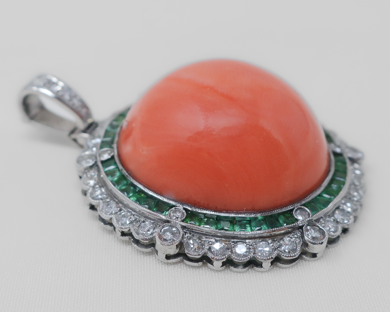 Midcentury Coral Pendant with Emerald & Diamond Halo