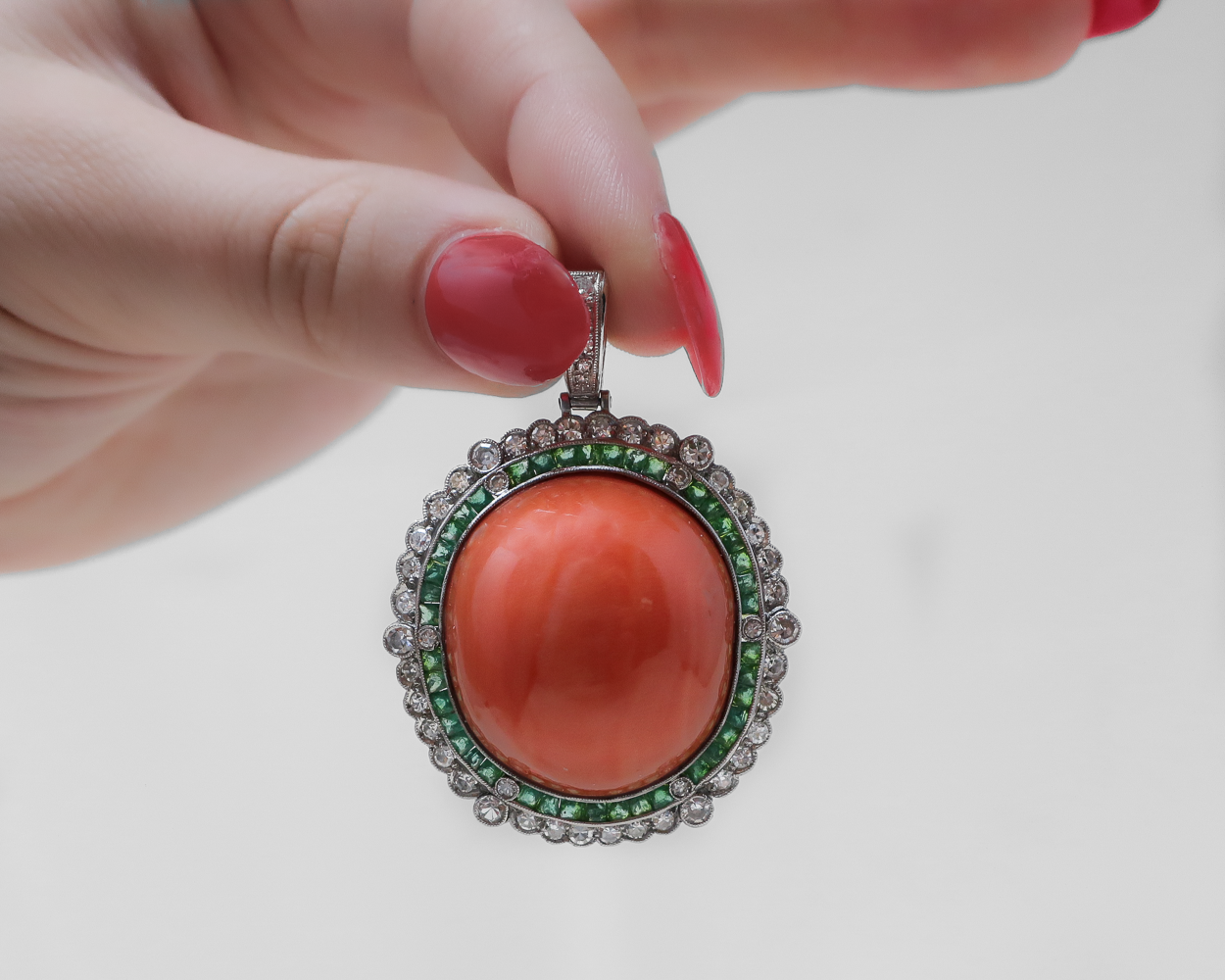 Midcentury Coral Pendant with Emerald & Diamond Halo