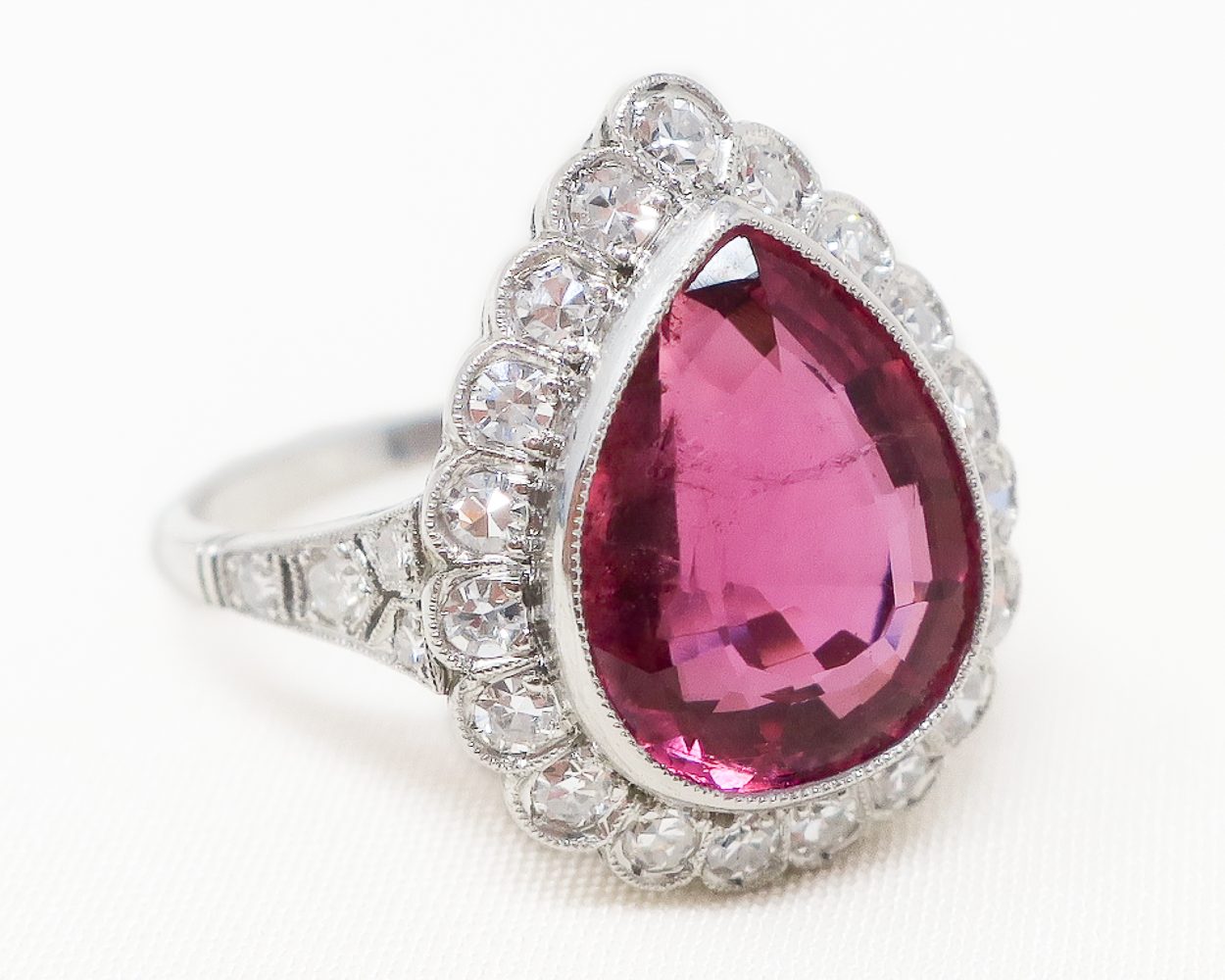 Midcentury Pear Tourmaline Ring with Diamond Halo