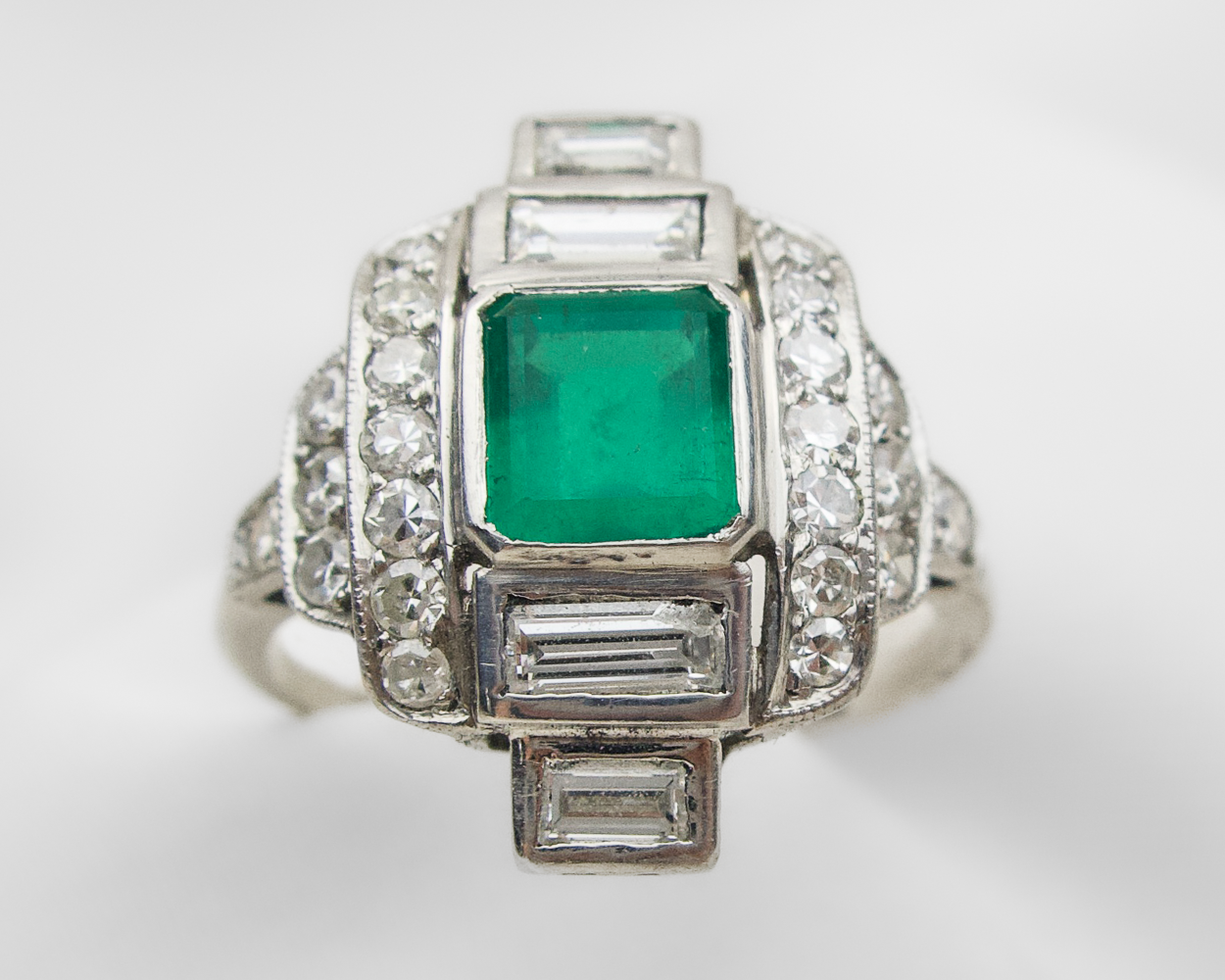 Art Deco North-South Diamond & Emerald Ring