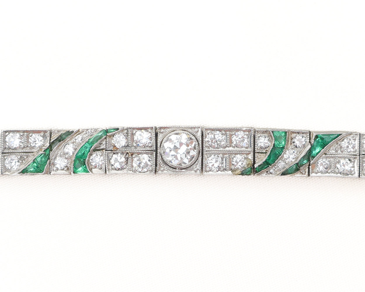 Art Deco Diamond and Emerald Line Bracelet