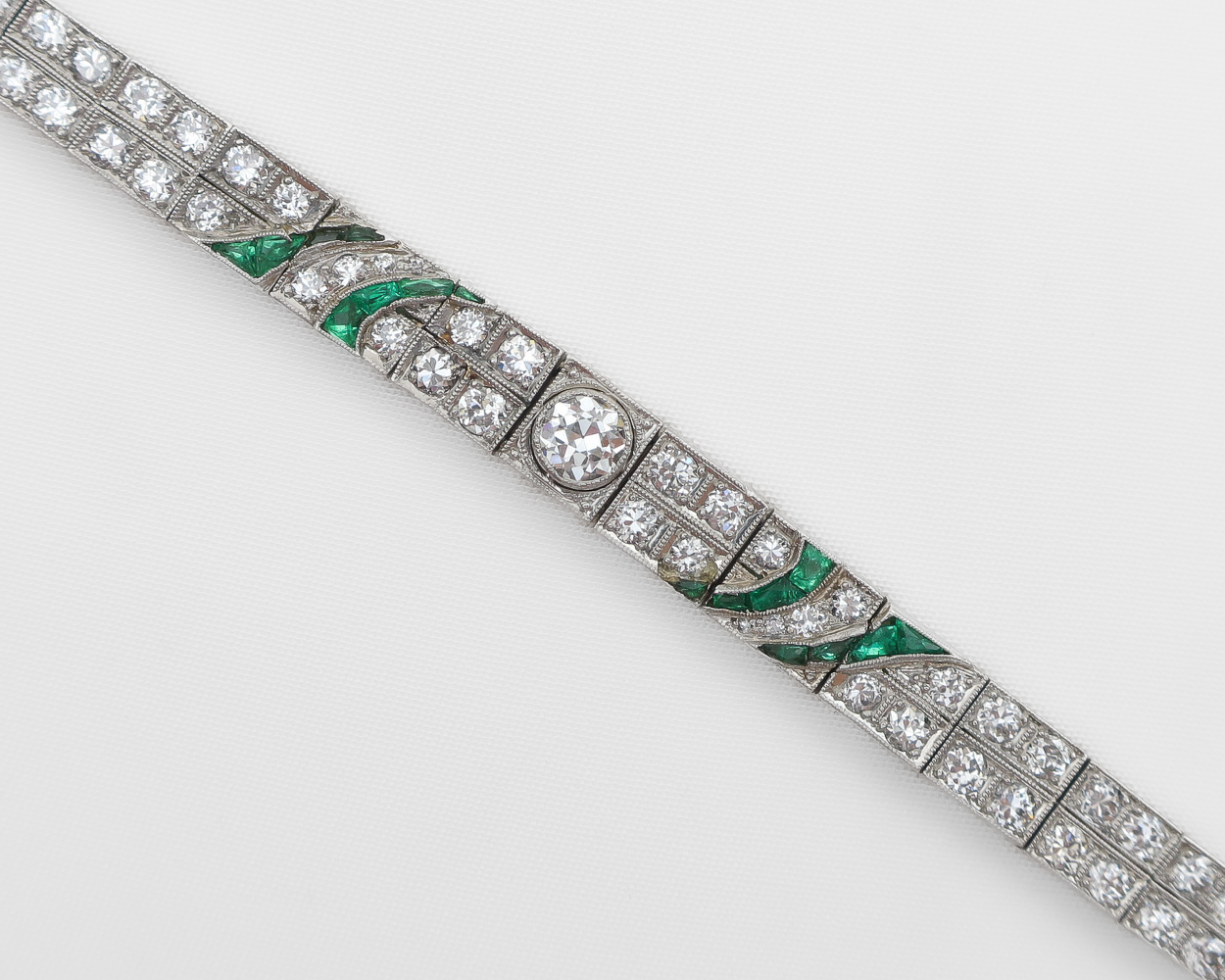 Art Deco Diamond and Emerald Line Bracelet