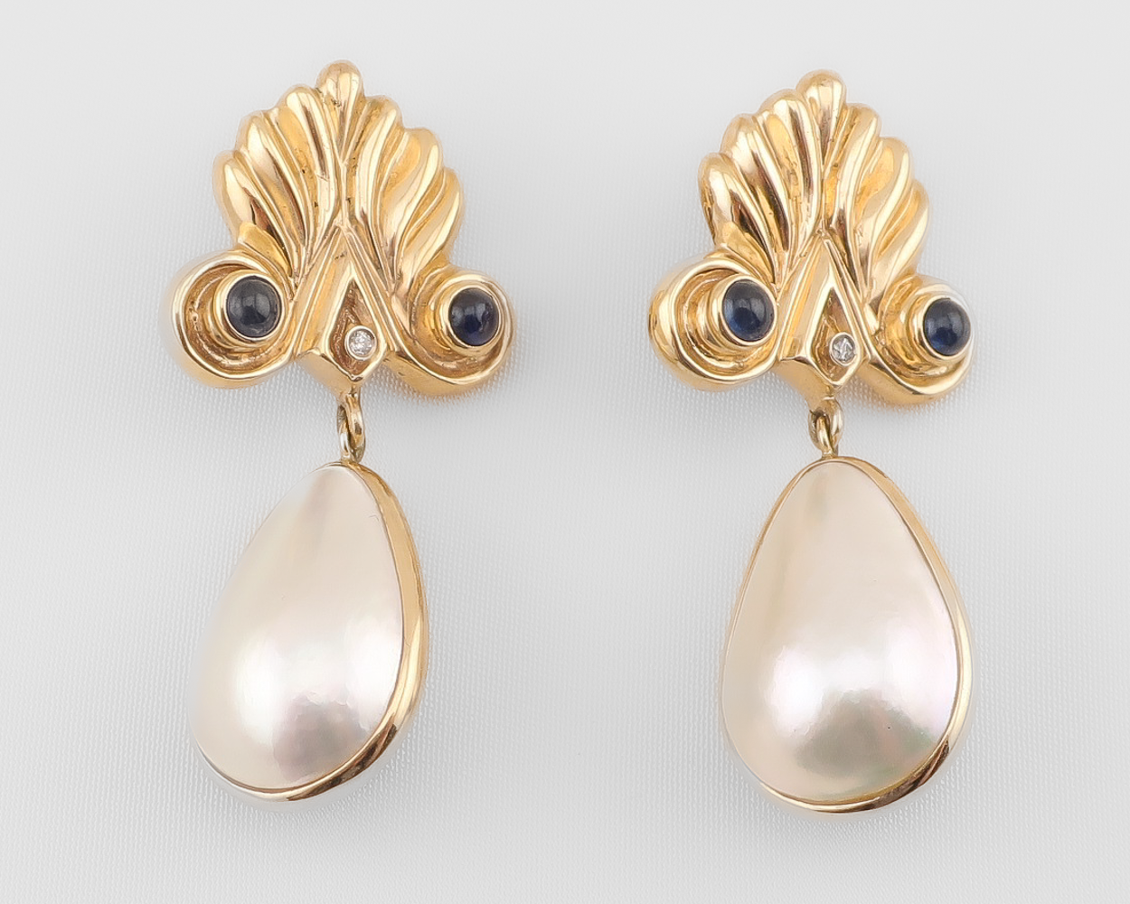 1970s Mabe Pearl Earrings with Sapphires — Isadoras Antique Jewelry