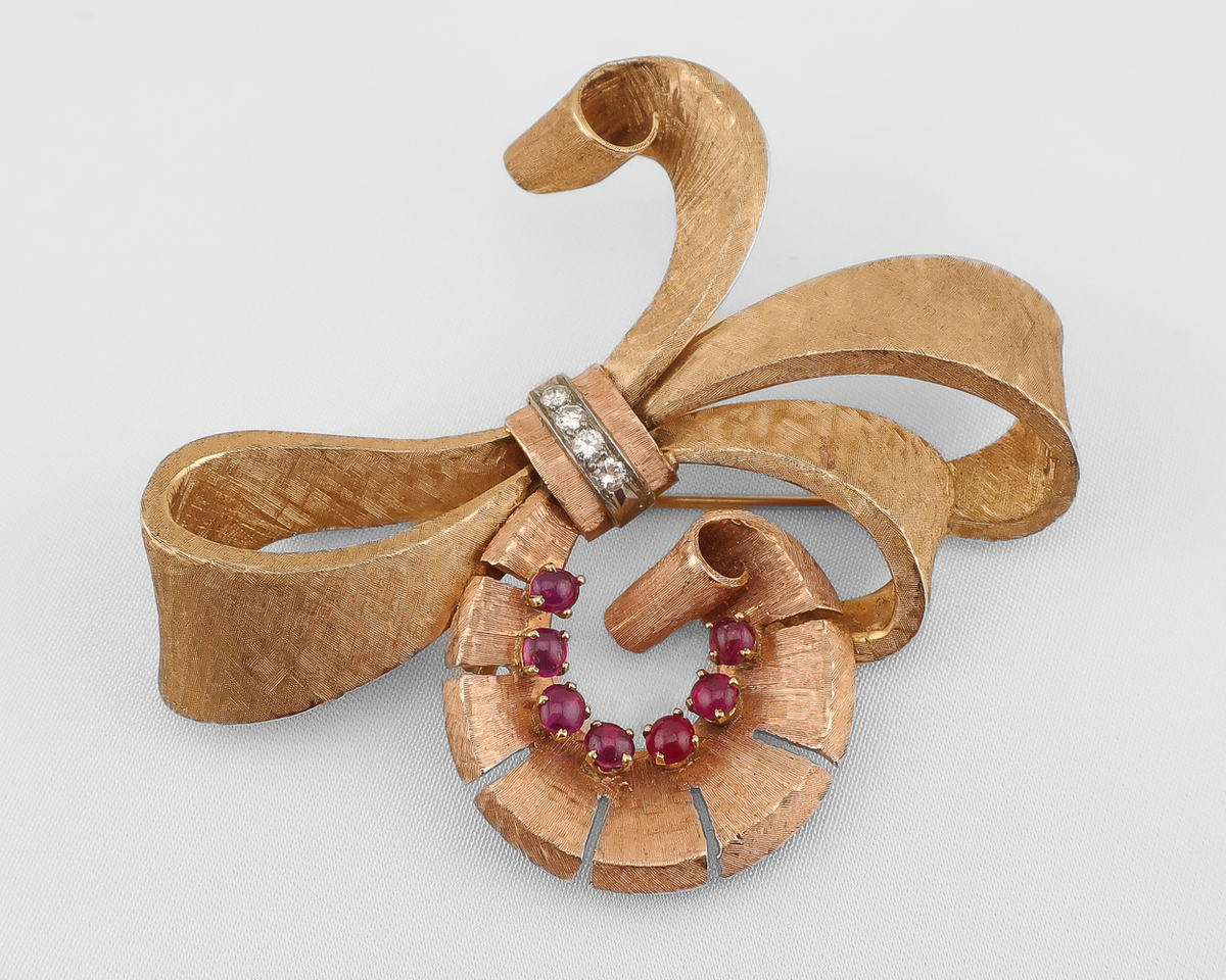 Ruby Ribbon Alternatives Retro Diamond & Ruby Ribbon Brooch — Isadoras Antique Jewelry