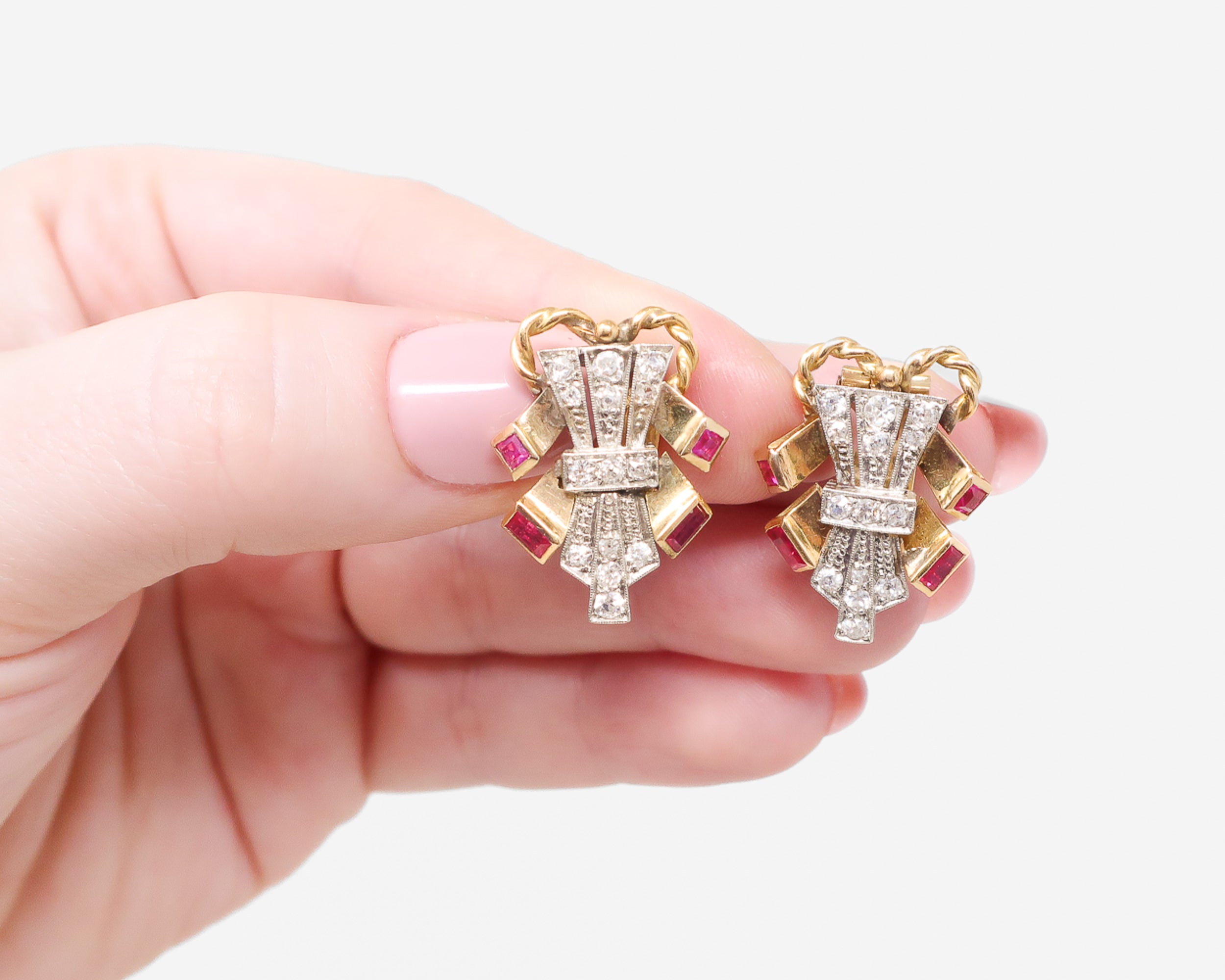 Circa 1940 Retro Diamond & Lab-Grown Ruby Earrings