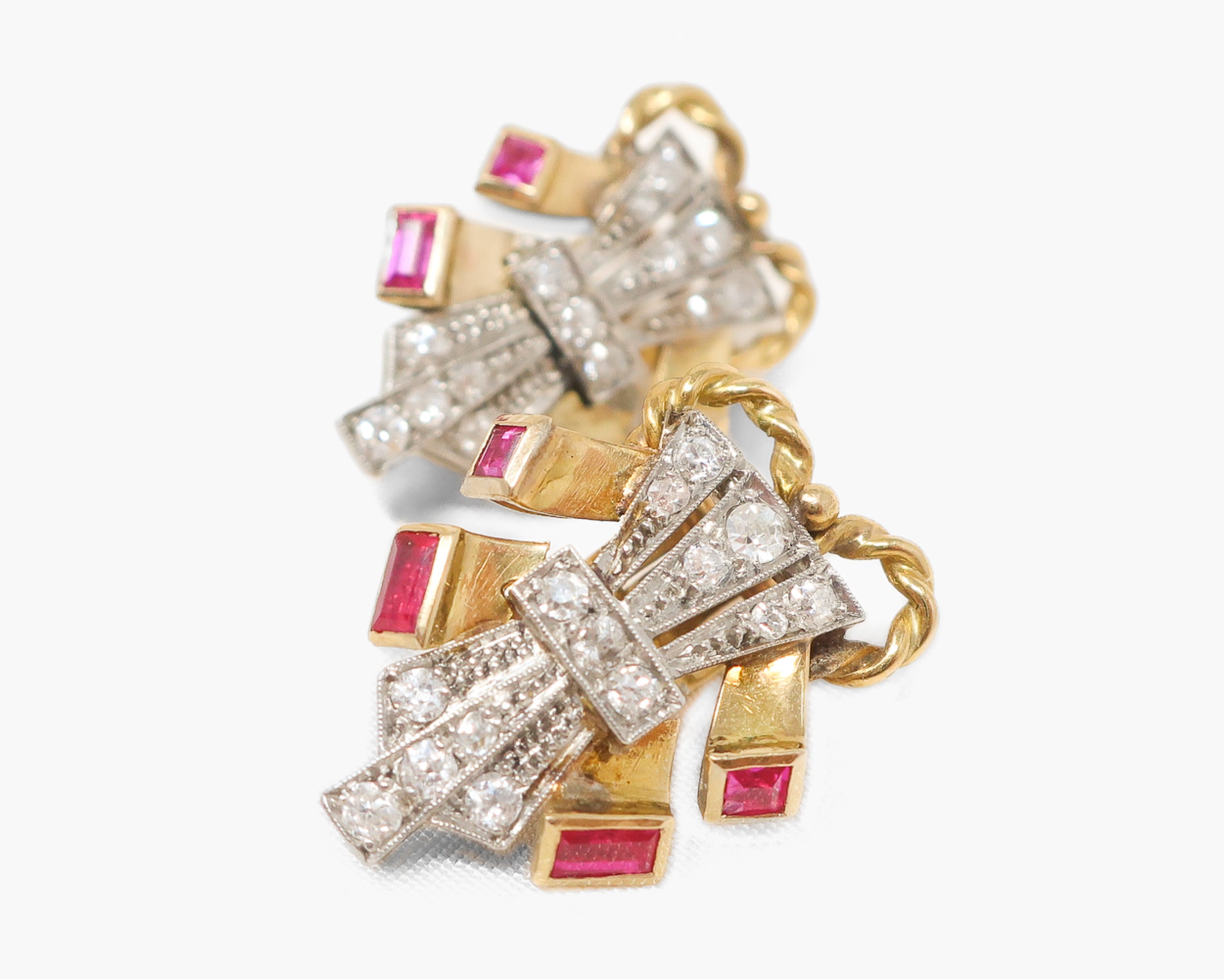 Circa 1940 Retro Diamond & Lab-Grown Ruby Earrings