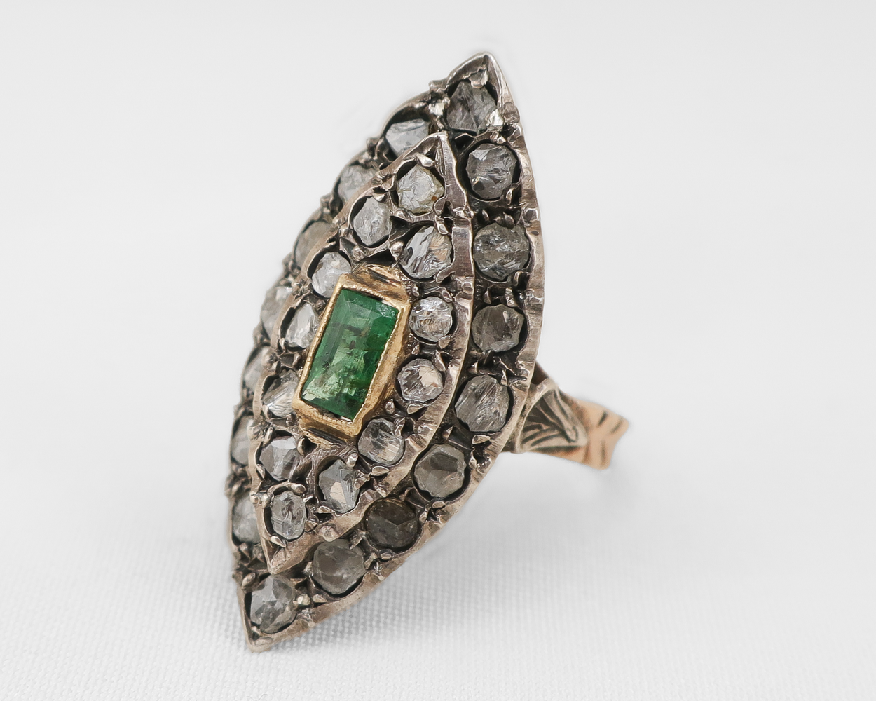 Victorian Emerald & Rose-cut Diamond Navette Ring