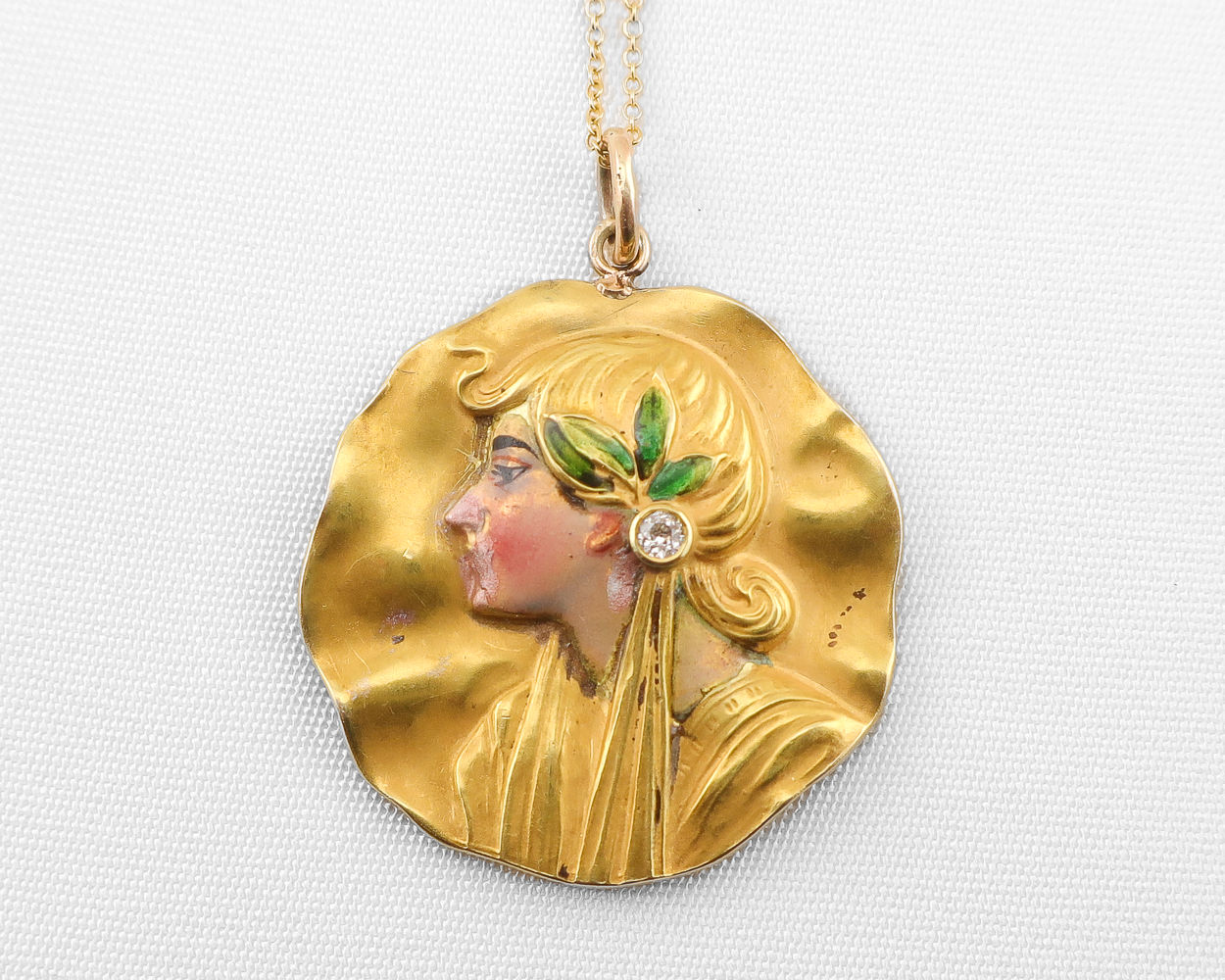 Art Nouveau Enamel Portrait Pendant with Accent Diamond