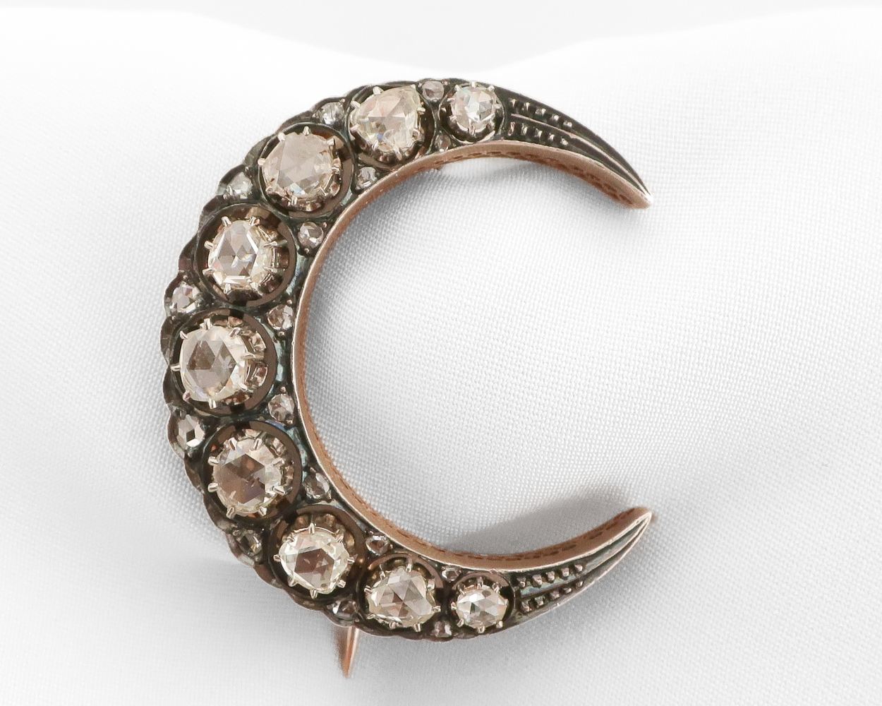 Victorian Crescent Moon Rose-Cut Diamond Brooch
