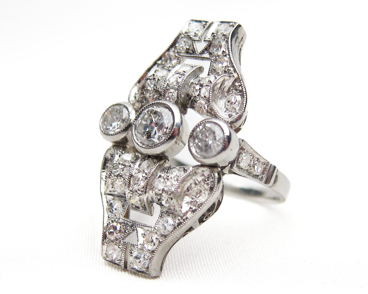 Edwardian Scroll-Styled Diamond North-South Ring