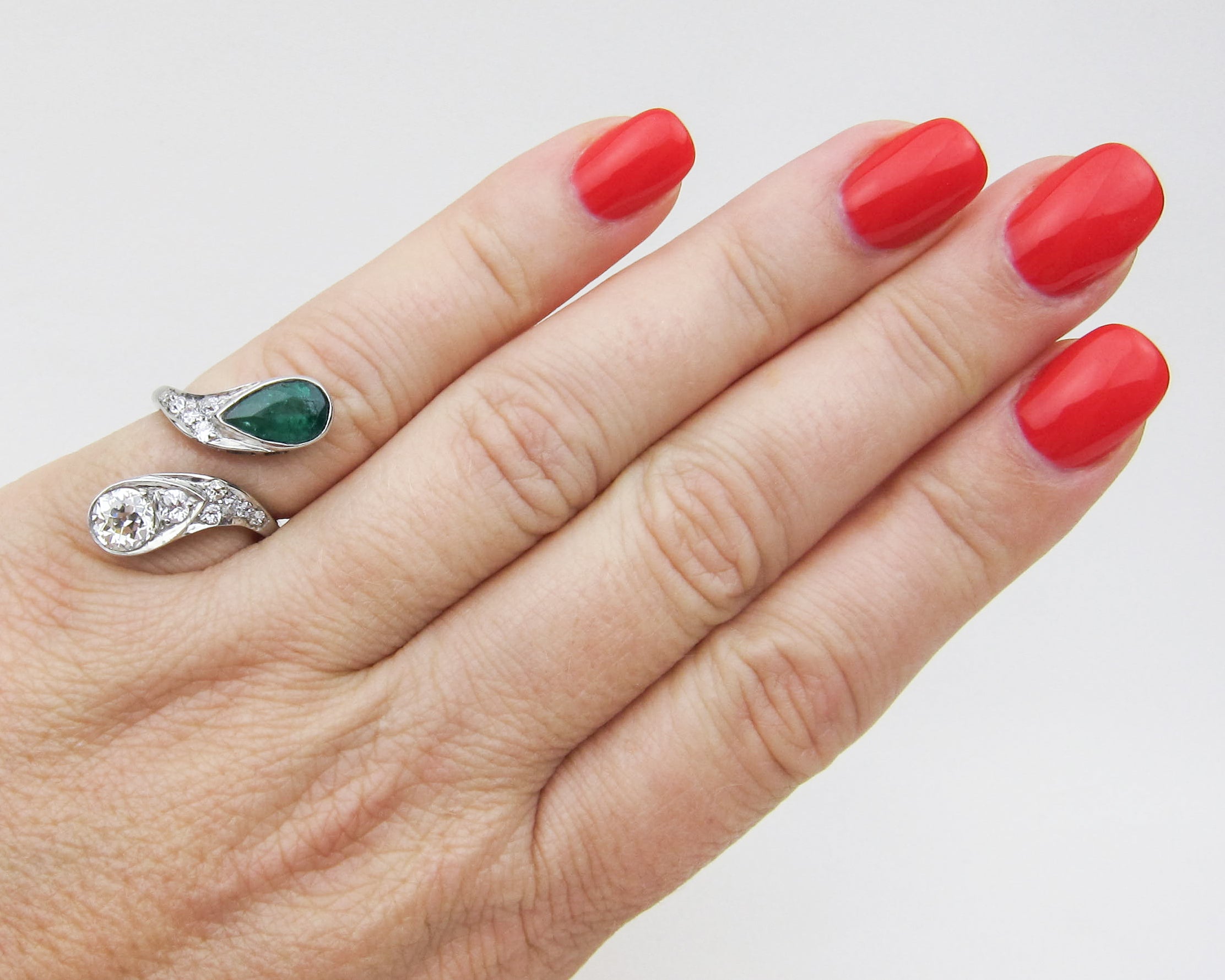 Art Deco Diamond & Emerald Bypass Ring