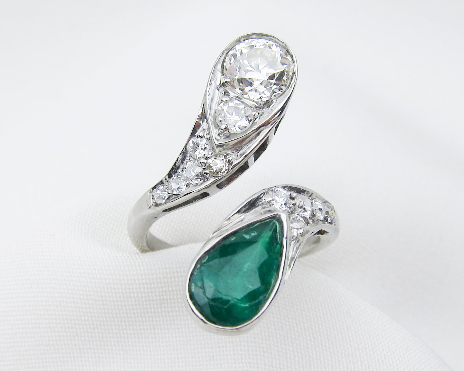 Art Deco Diamond & Emerald Bypass Ring