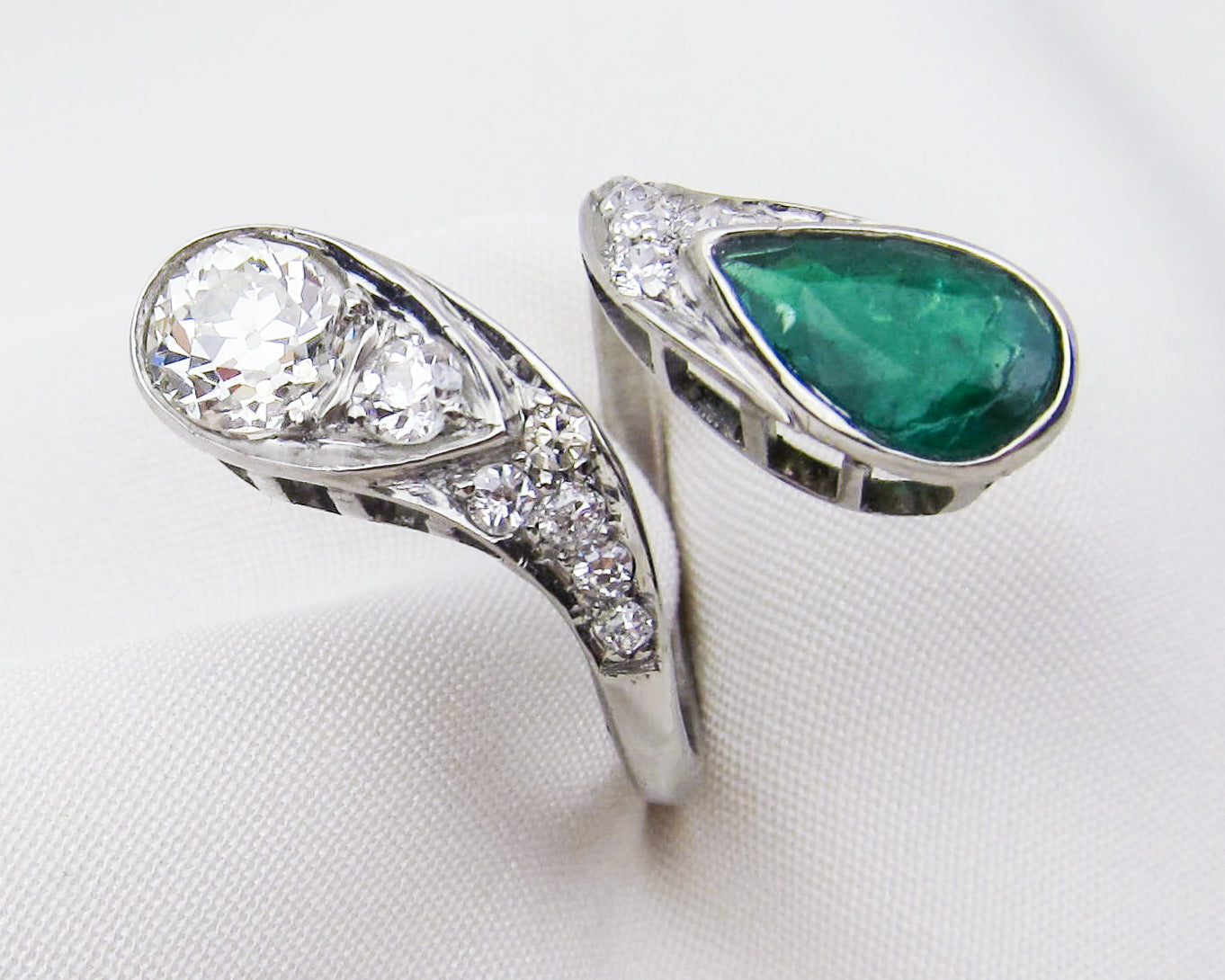 Art Deco Diamond & Emerald Bypass Ring