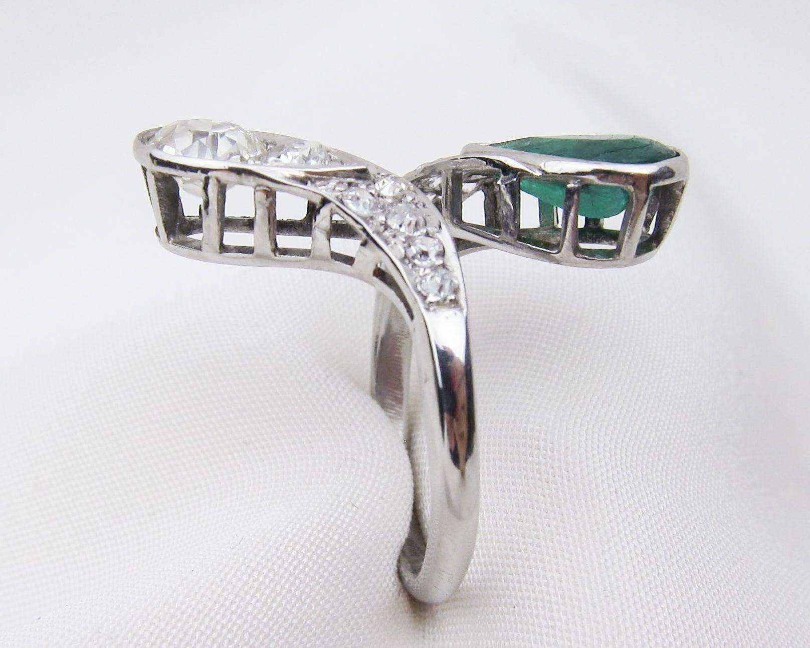 Art Deco Diamond & Emerald Bypass Ring