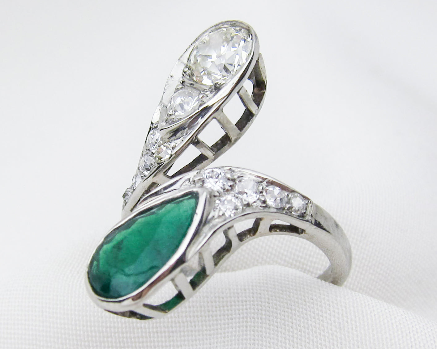 Art Deco Diamond & Emerald Bypass Ring