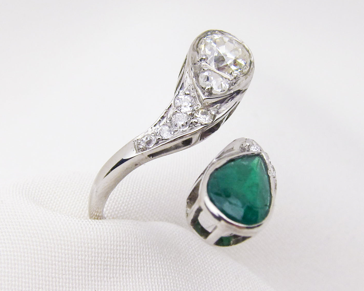 Art Deco Diamond & Emerald Bypass Ring