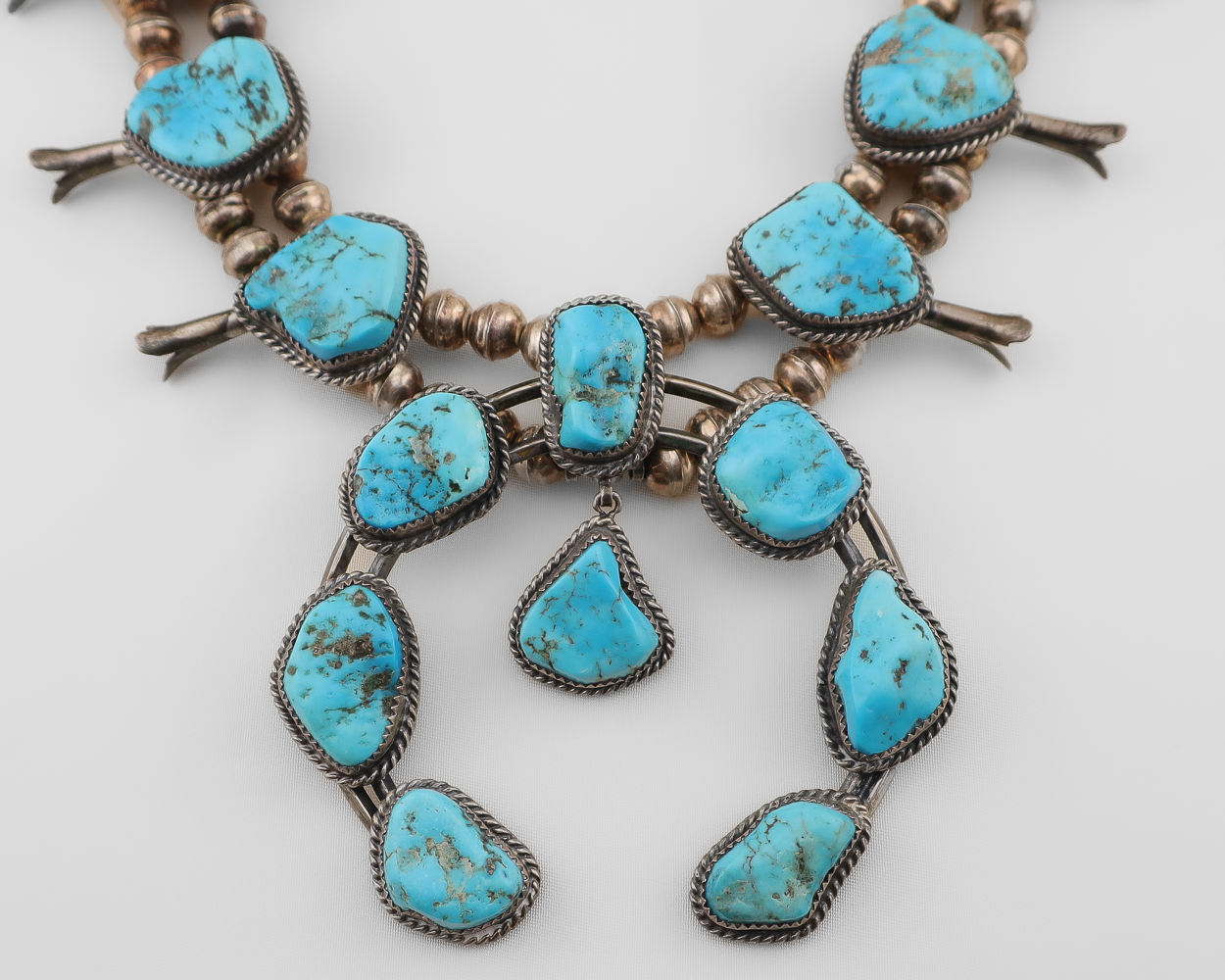 Midcentury Turquoise Silver Squash Blossom Necklace