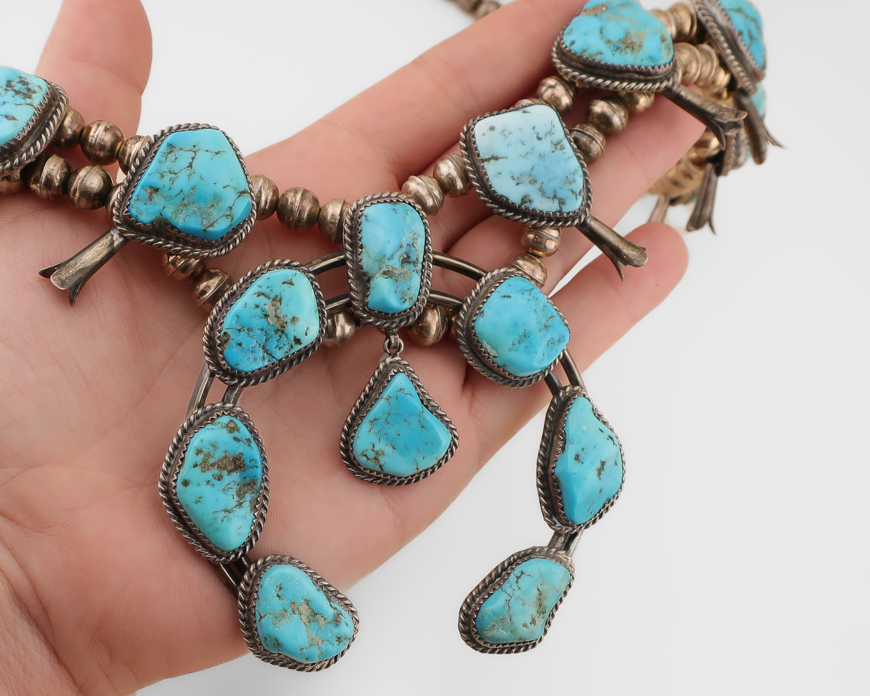 Midcentury Turquoise Silver Squash Blossom Necklace