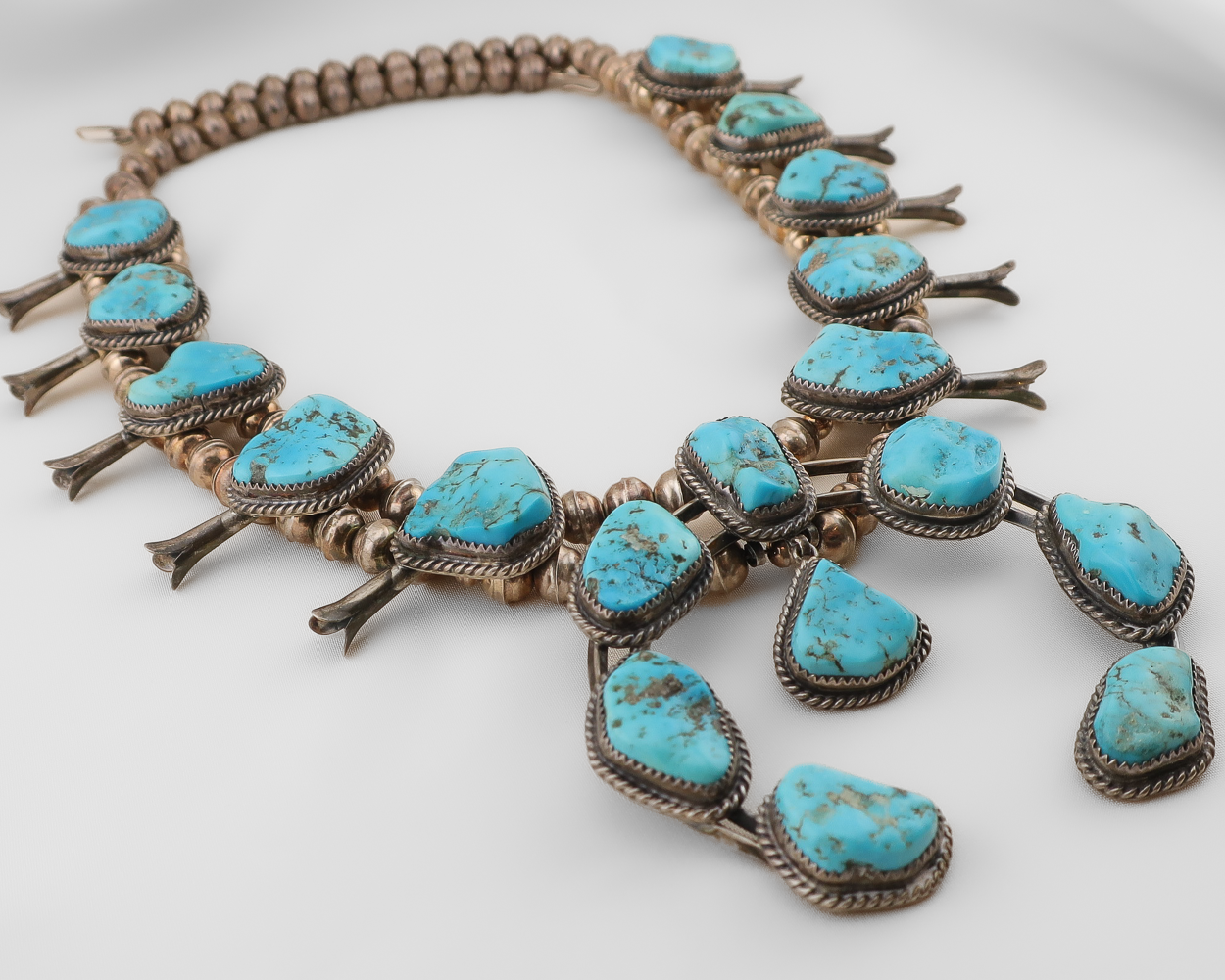 Midcentury Turquoise Silver Squash Blossom Necklace