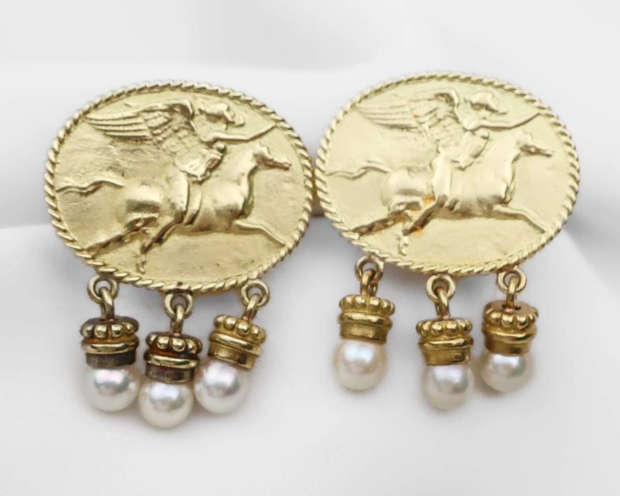 Vintage Italian Gold Chariot Earrings with Pearl Drops