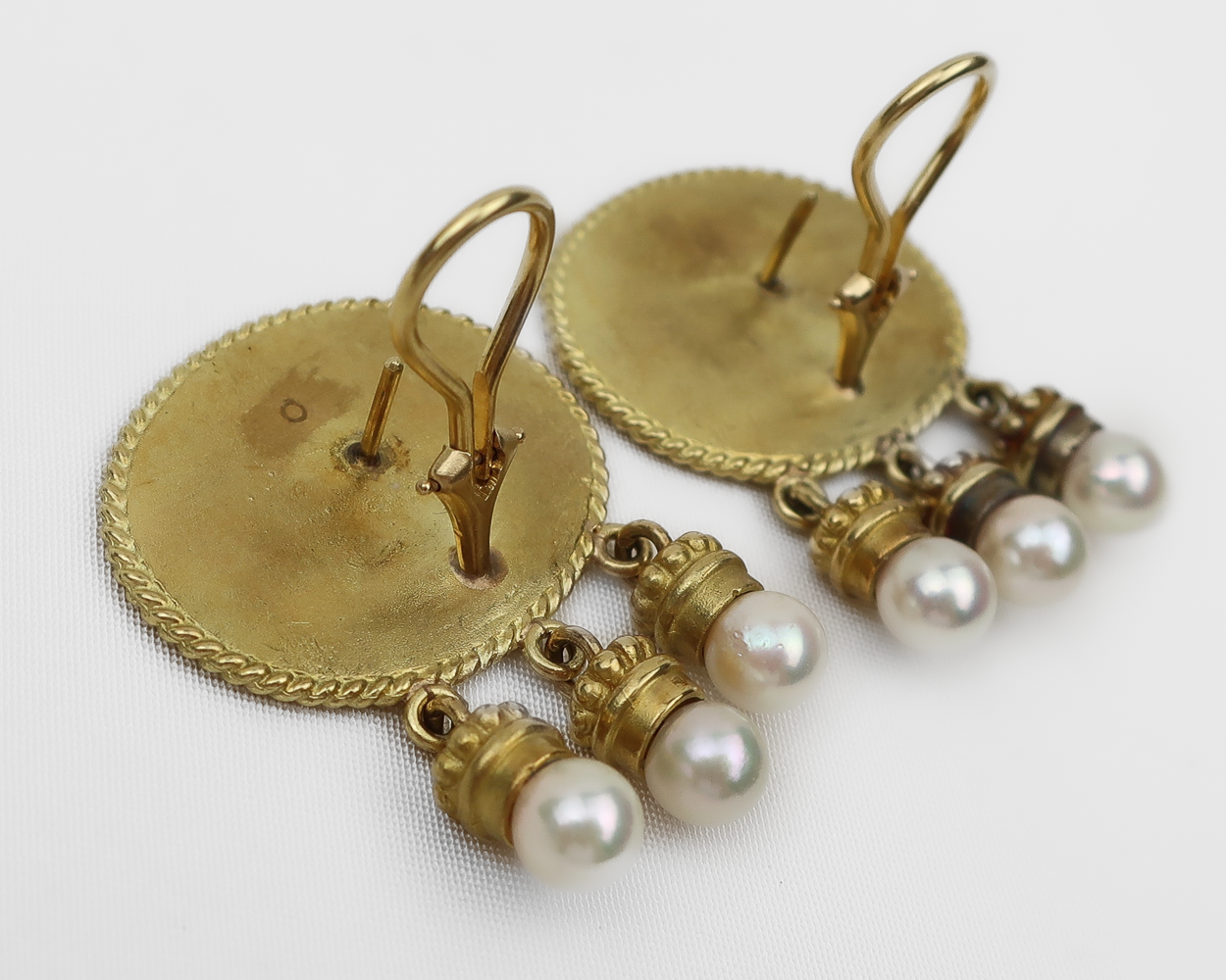 Vintage Italian Gold Chariot Earrings with Pearl Drops